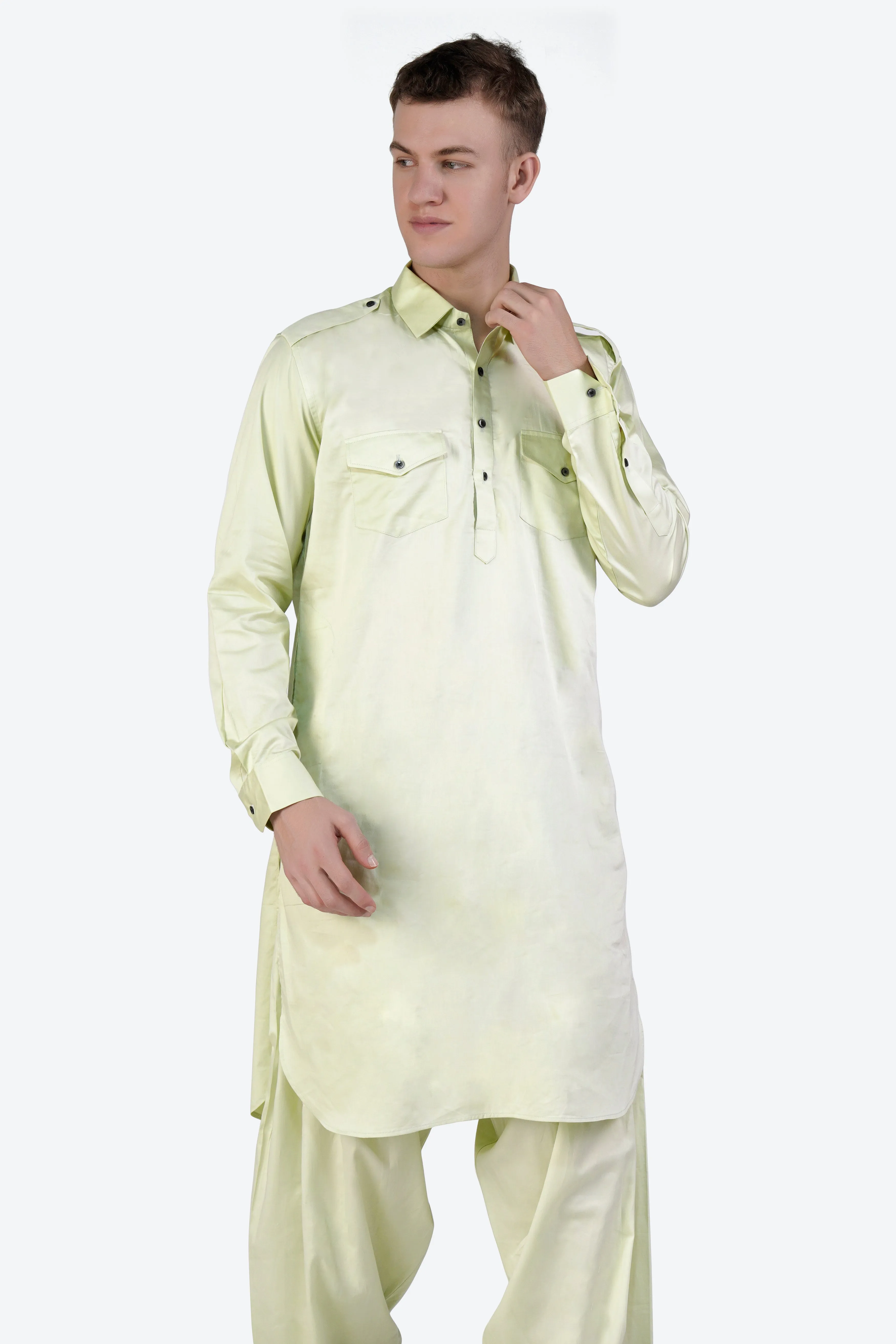 Bone Green Subtle Sheen Super Soft Premium Cotton Pathani Set sold by French Crown product image thumbnail 5
