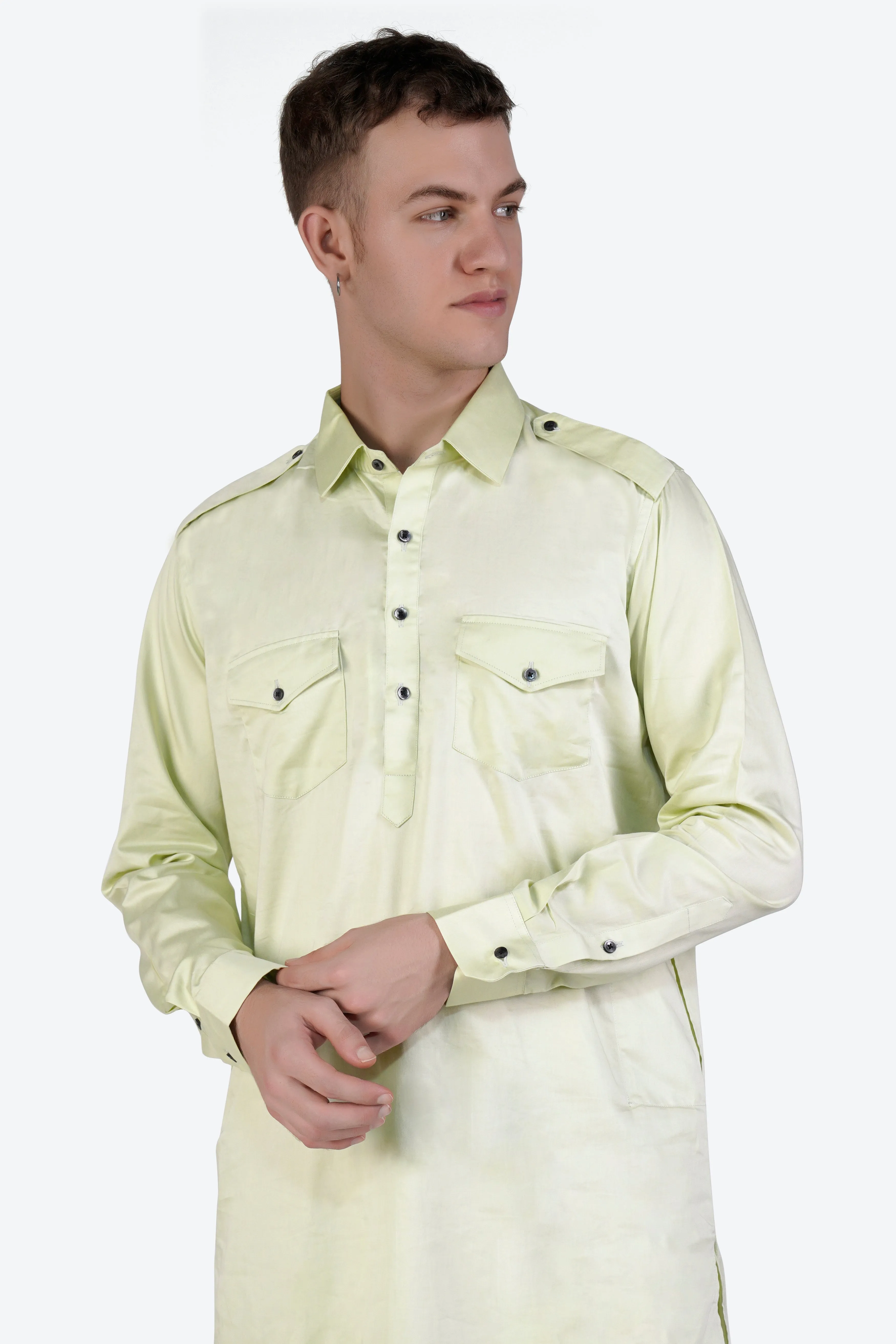 Bone Green Subtle Sheen Super Soft Premium Cotton Pathani Set sold by French Crown product image thumbnail 4