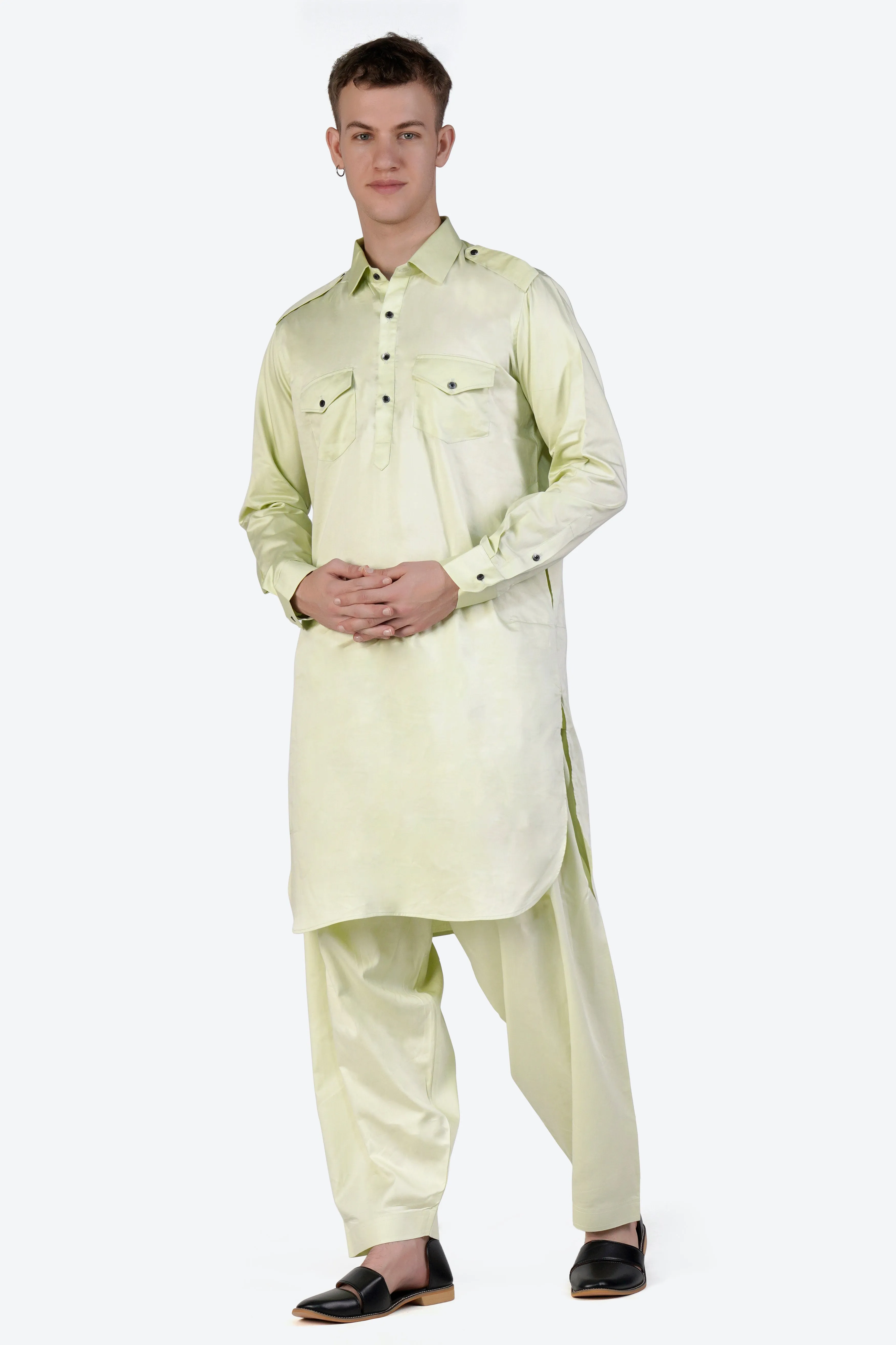 Bone Green Subtle Sheen Super Soft Premium Cotton Pathani Set sold by French Crown product image thumbnail 2