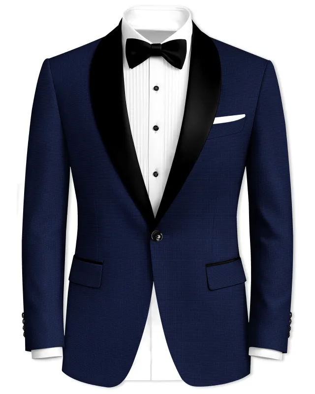 Valhalla Blue subtle plaid Wool Rich Tuxedo Blazer sold by French Crown