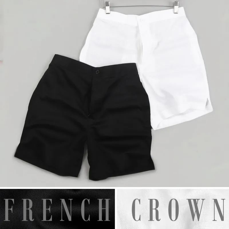 Bright White Luxurious Linen and Jade Black Cotton Shorts sold by French Crown
