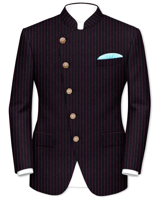 Zeus Black with Dark Mauve Pink Striped Cross Placket Bandhgala Blazer sold by French Crown