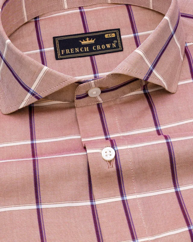 Oriental Peach with Mardi Maroon Twill Checked Premium Cotton Shirt sold by French Crown