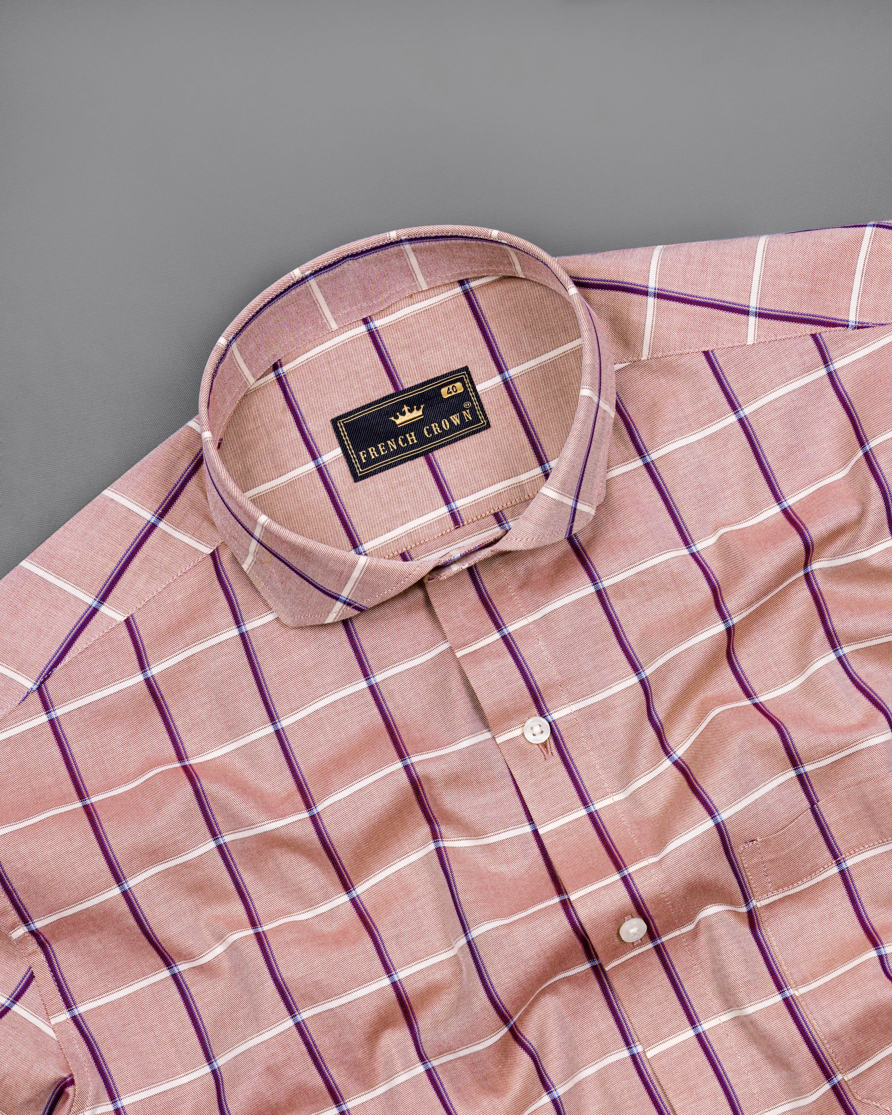 Oriental Peach with Mardi Maroon Twill Checked Premium Cotton Shirt sold by French Crown product image thumbnail 4