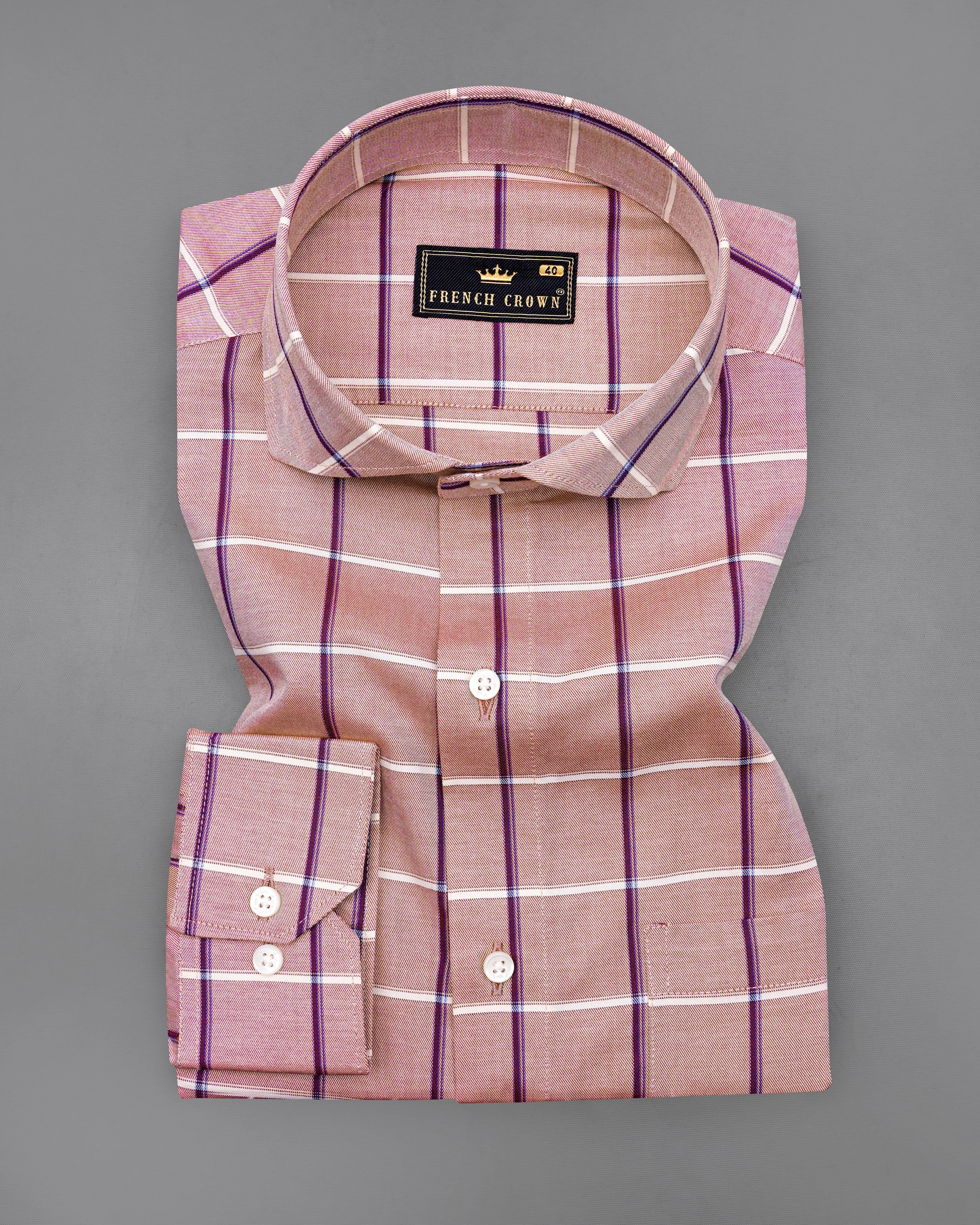 Oriental Peach with Mardi Maroon Twill Checked Premium Cotton Shirt sold by French Crown product image thumbnail 3
