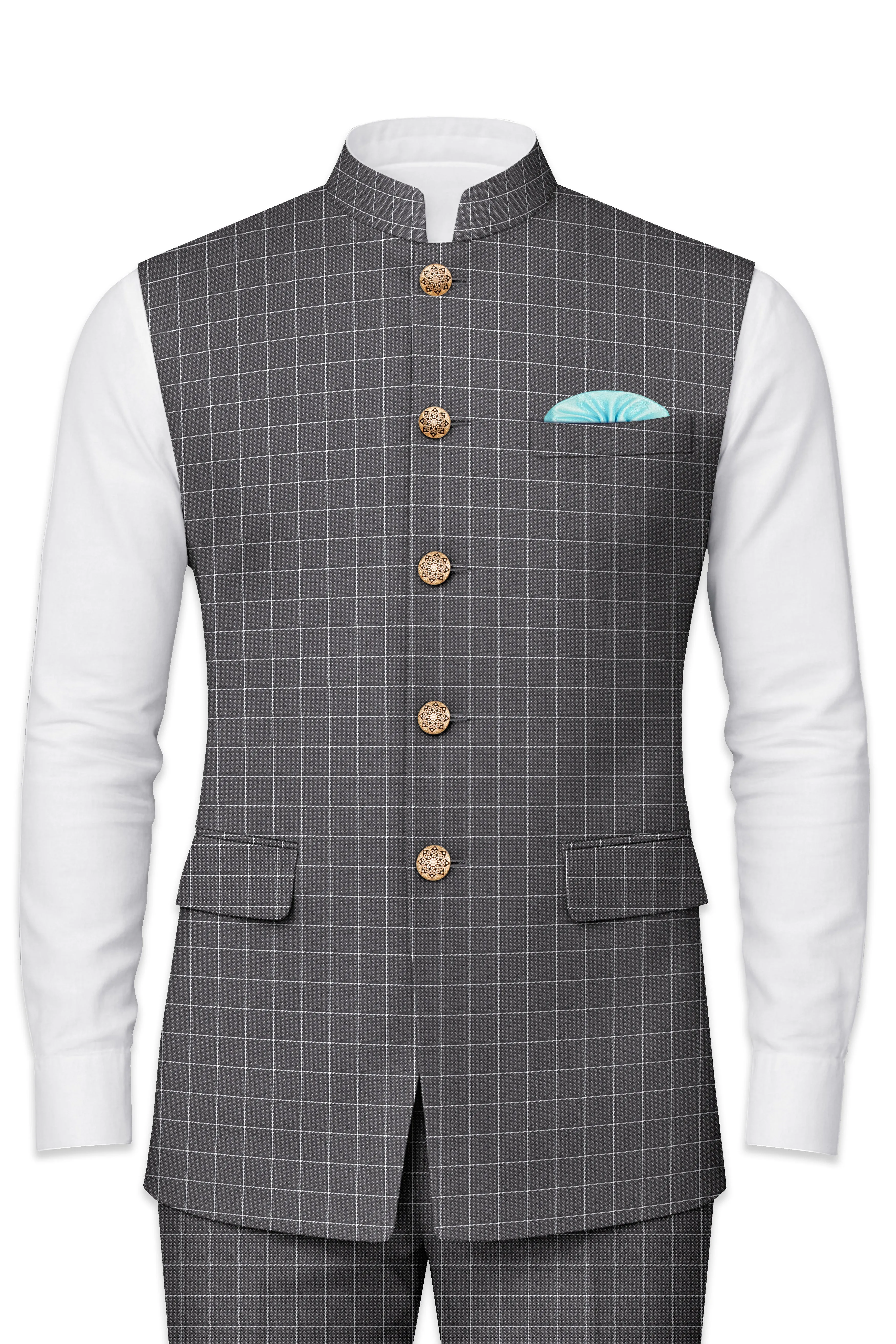 Mortar Gray Checkered Nehru Jacket sold by French Crown product image thumbnail 2