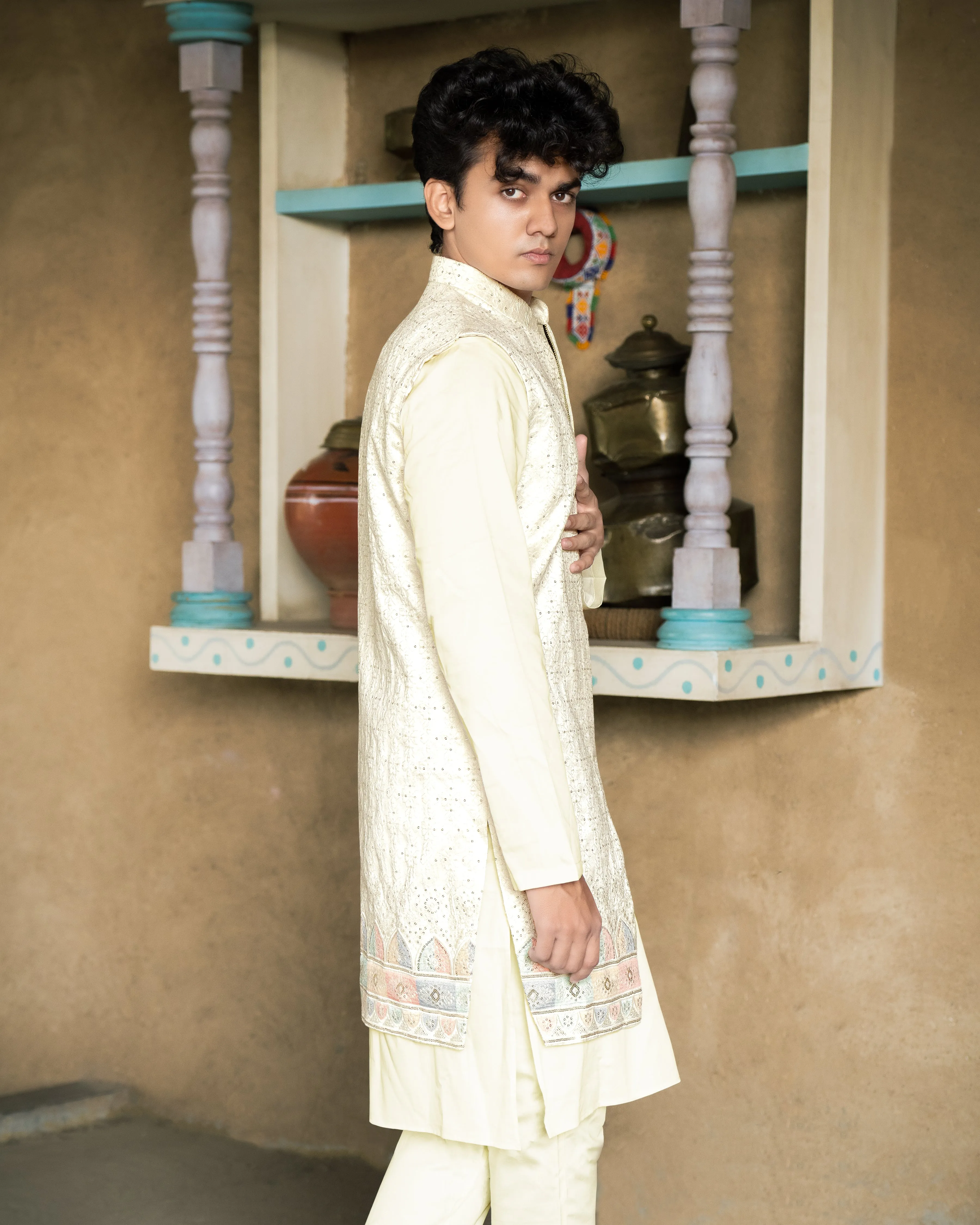Mercury Beige Bandhgala Sherwani with Kurta, Pyjama and Half-Sleeved Jacket sold by French Crown product image thumbnail 4