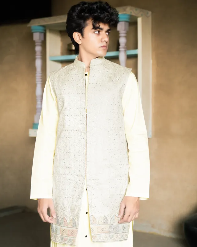 Mercury Beige Bandhgala Sherwani with Kurta, Pyjama and Half-Sleeved Jacket made by French Crown