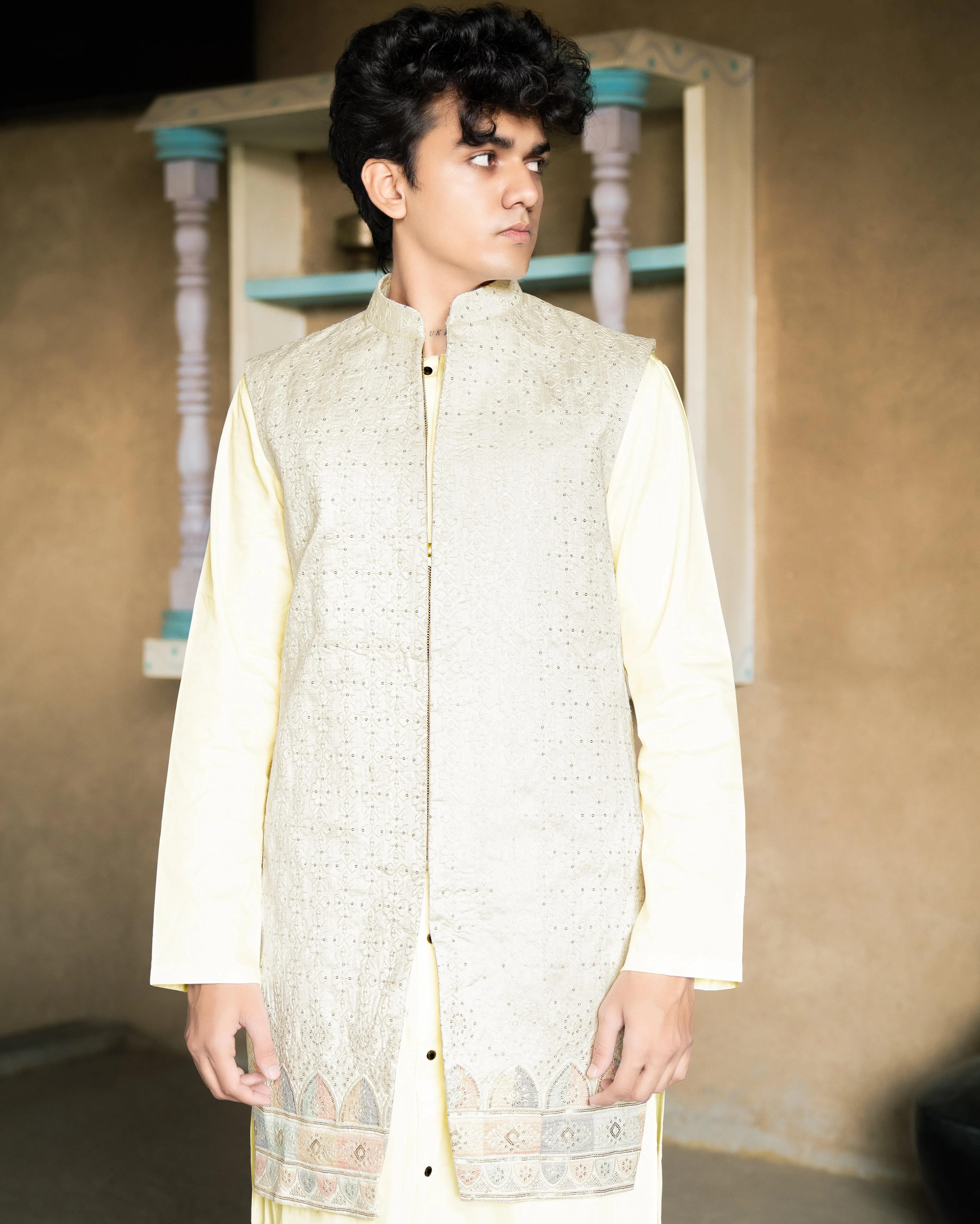 Mercury Beige Bandhgala Sherwani with Kurta, Pyjama and Half-Sleeved Jacket sold by French Crown