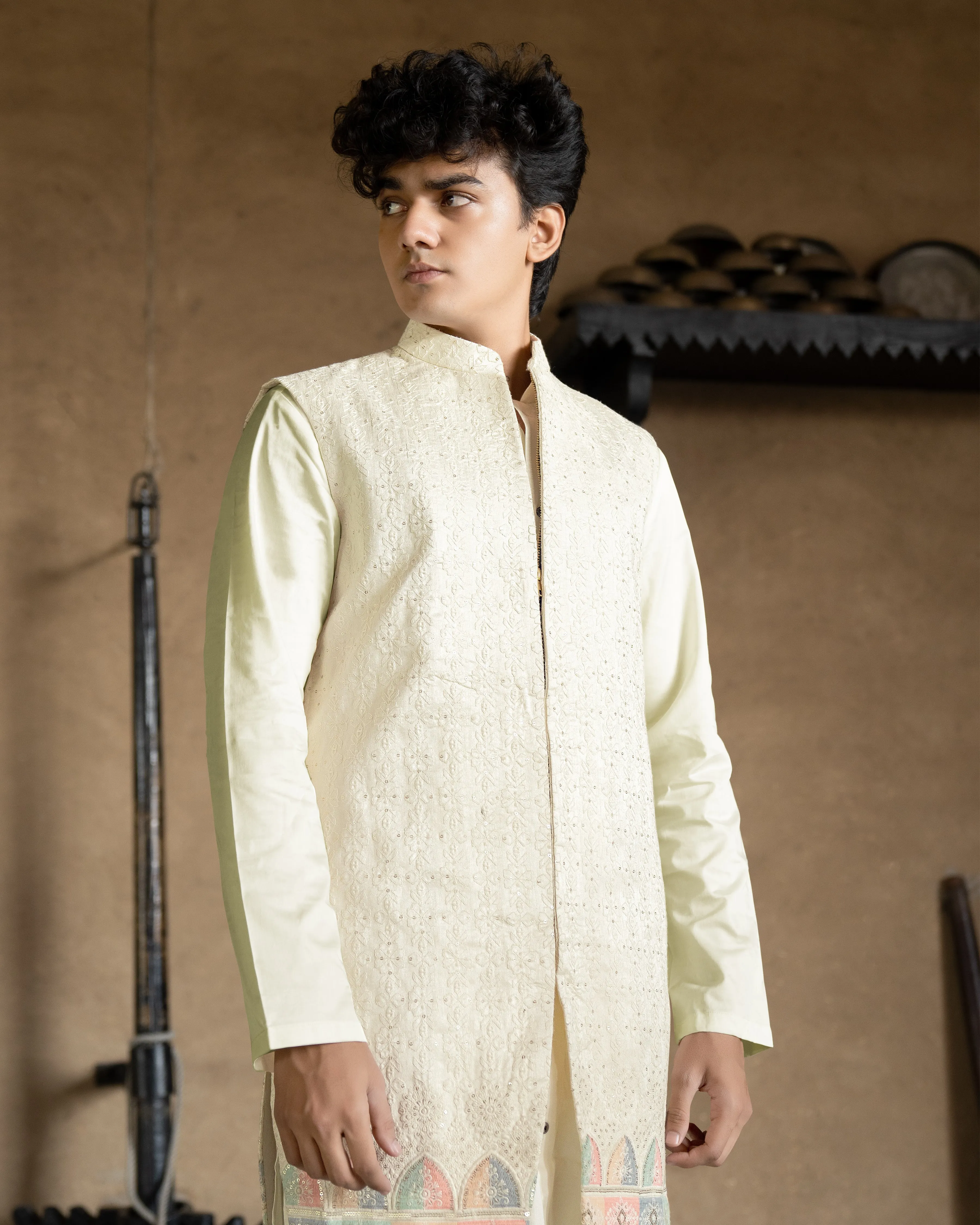 Mercury Beige Bandhgala Sherwani with Kurta, Pyjama and Half-Sleeved Jacket sold by French Crown product image thumbnail 3