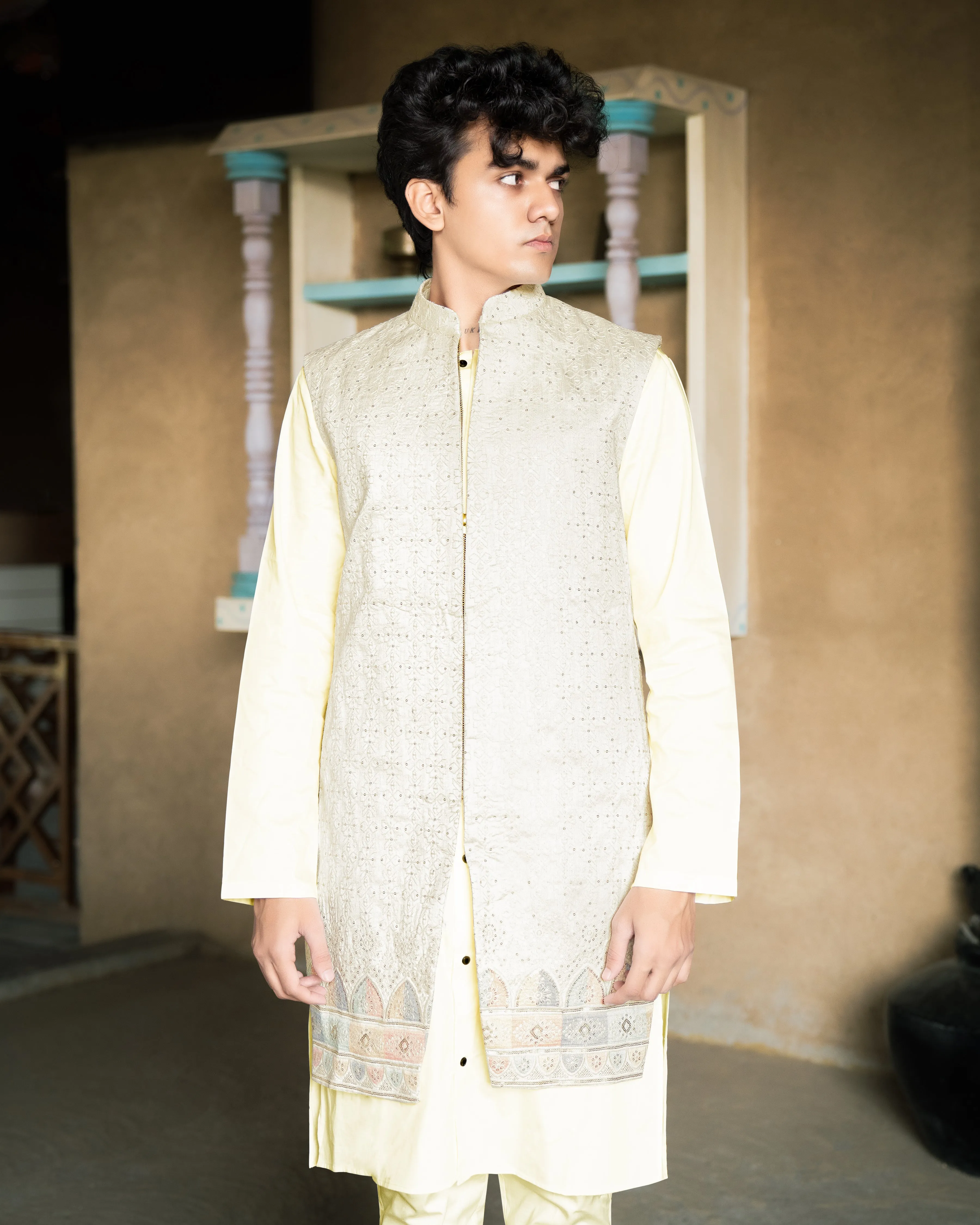 Mercury Beige Bandhgala Sherwani with Kurta, Pyjama and Half-Sleeved Jacket sold by French Crown product image thumbnail 2