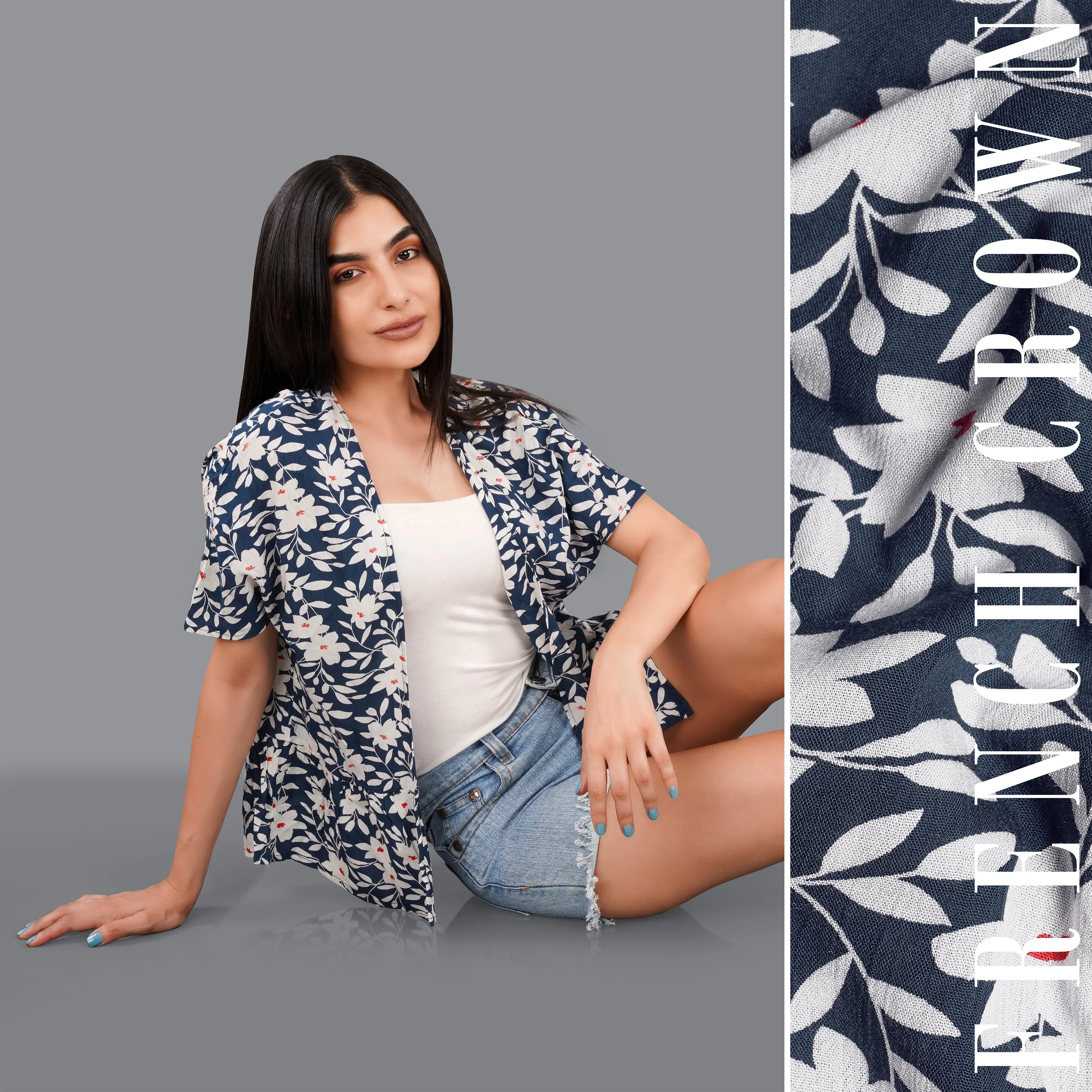 Rhino Blue with Merino Cream Floral Printed Shrug sold by French Crown