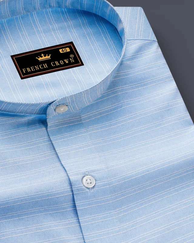 Pale Cerulean Blue With White Striped Dobby Textured Premium Giza Cotton Shirt sold by French Crown