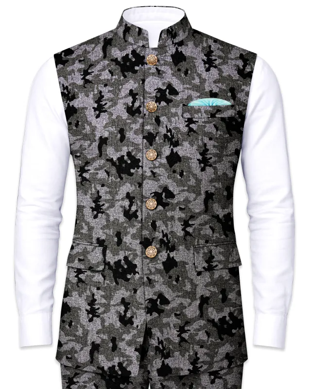 Merlin Green with Scorpion Gray Chintz Printed Bandhgala Nehru Jacket sold by French Crown