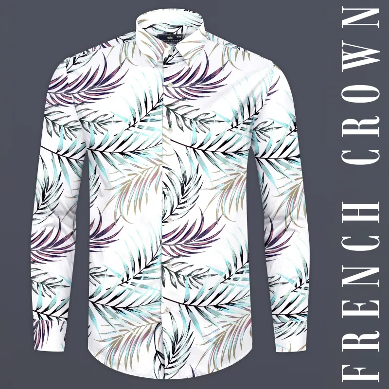 Bright White Multicolour Leaves Printed Premium Cotton Shirt sold by French Crown