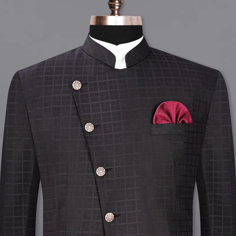 Baltic Sea Black Subtle Plaid Cross Placket Bandhgala Blazer sold by French Crown