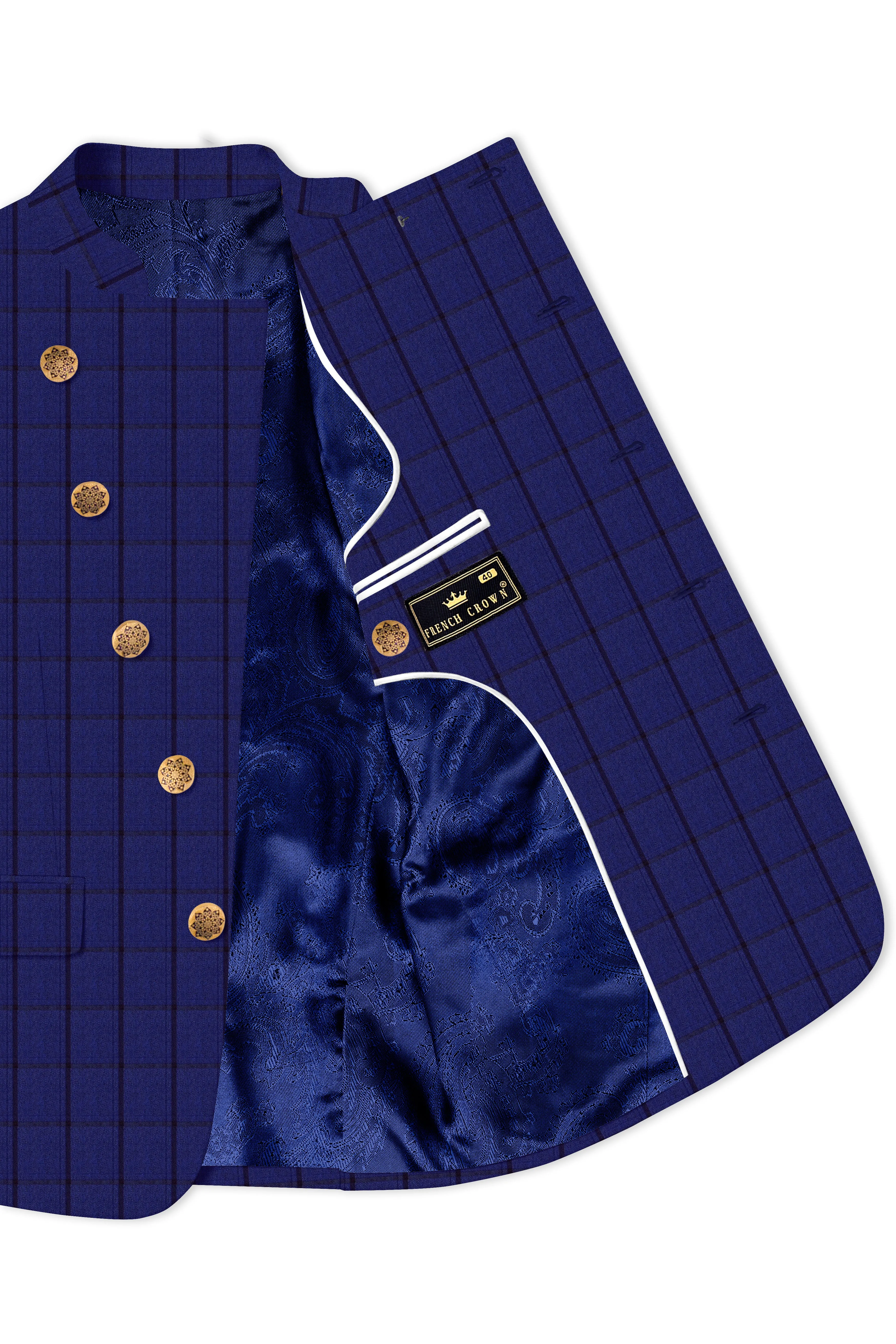 Dark Blue Windowpane Cross Placket Bandhgala Blazer sold by French Crown product image thumbnail 4