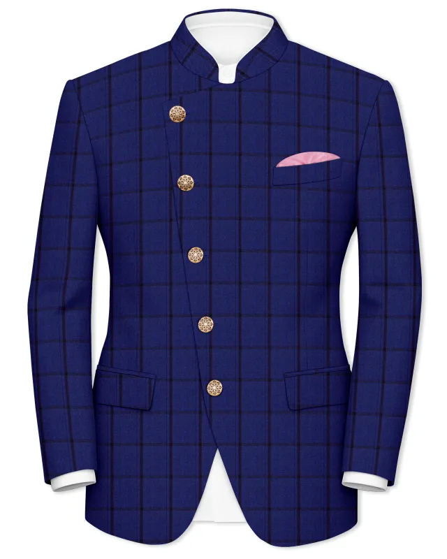 Dark Blue Windowpane Cross Placket Bandhgala Blazer sold by French Crown