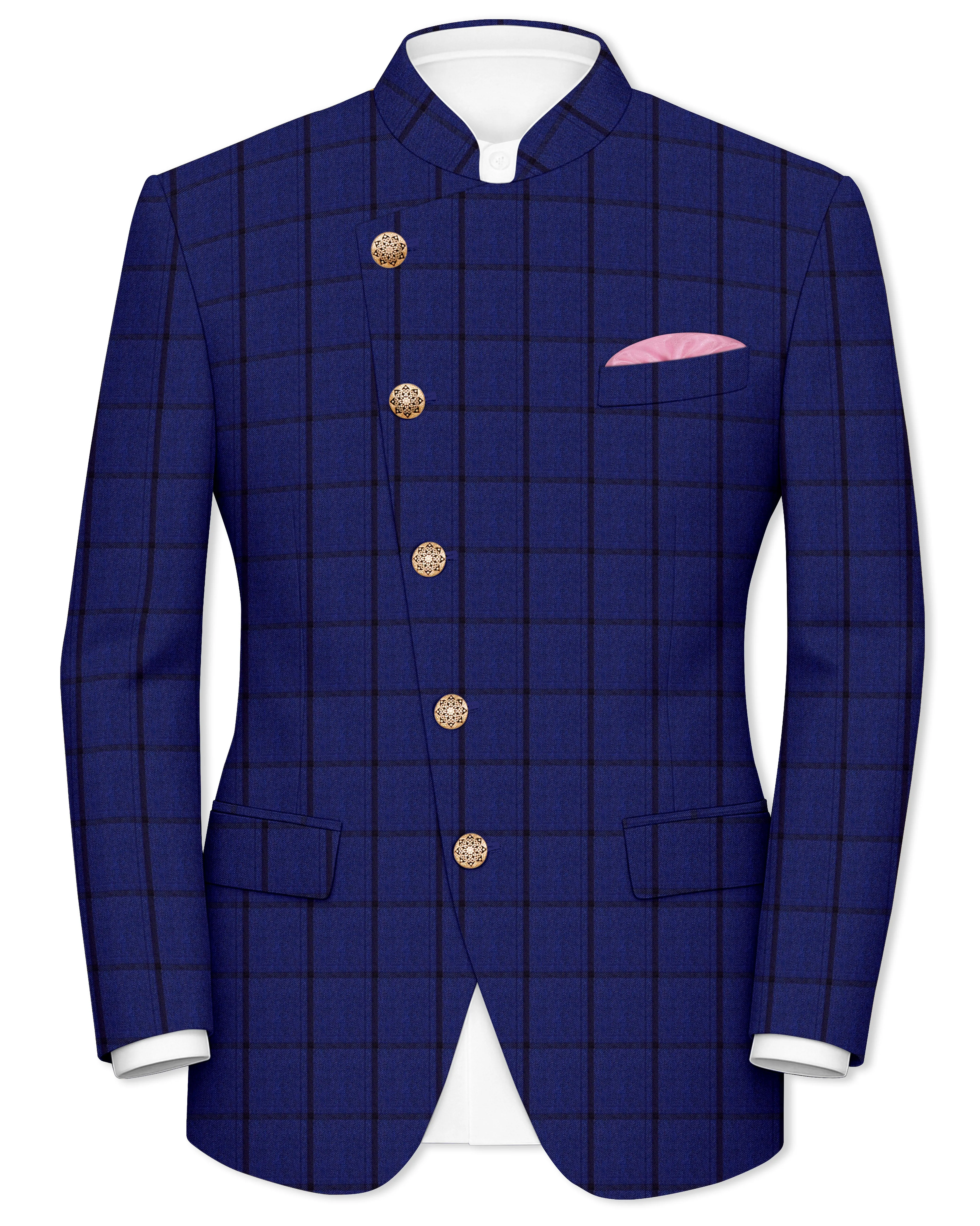 Dark Blue Windowpane Cross Placket Bandhgala Blazer sold by French Crown