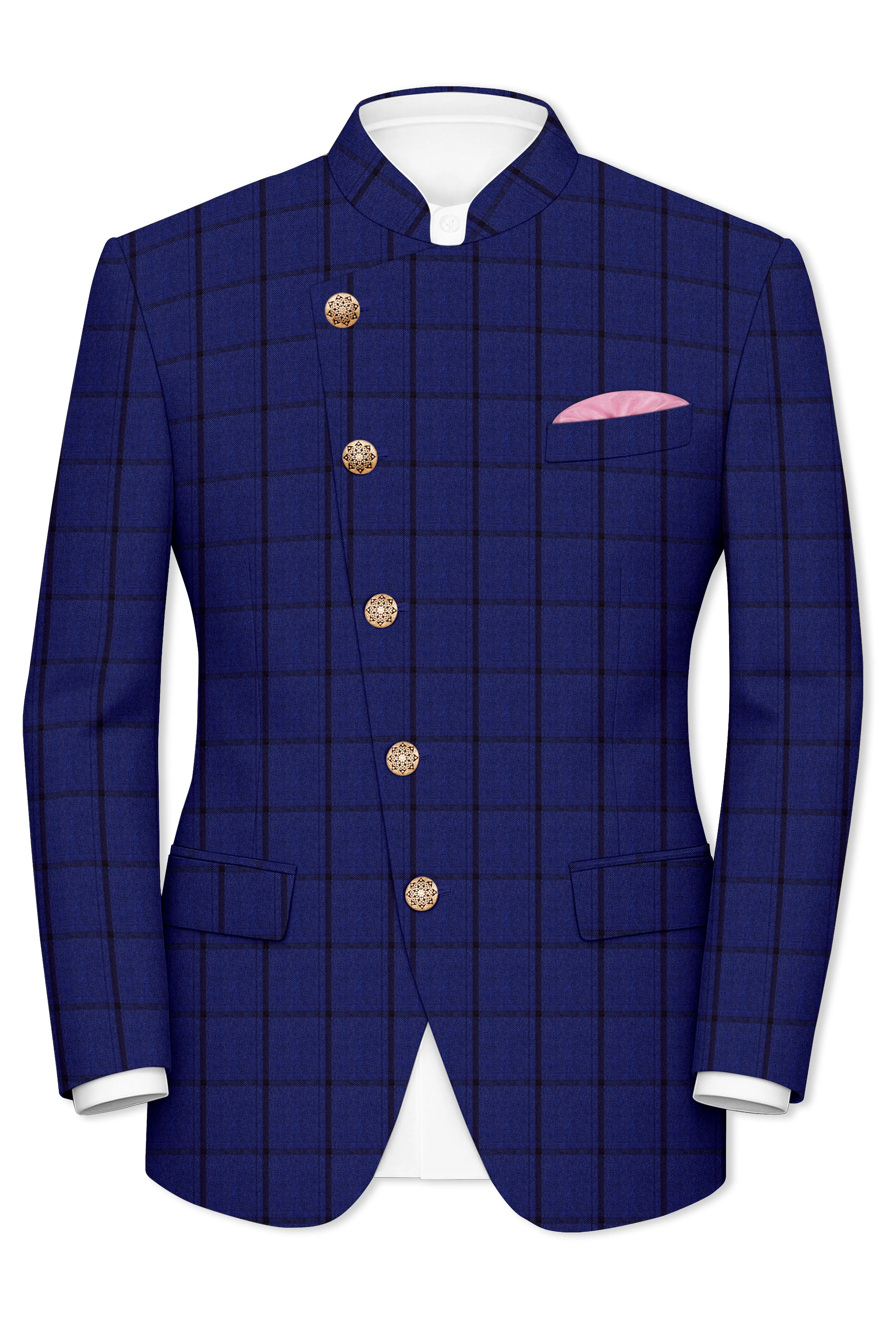 Dark Blue Windowpane Cross Placket Bandhgala Blazer sold by French Crown product image thumbnail 2