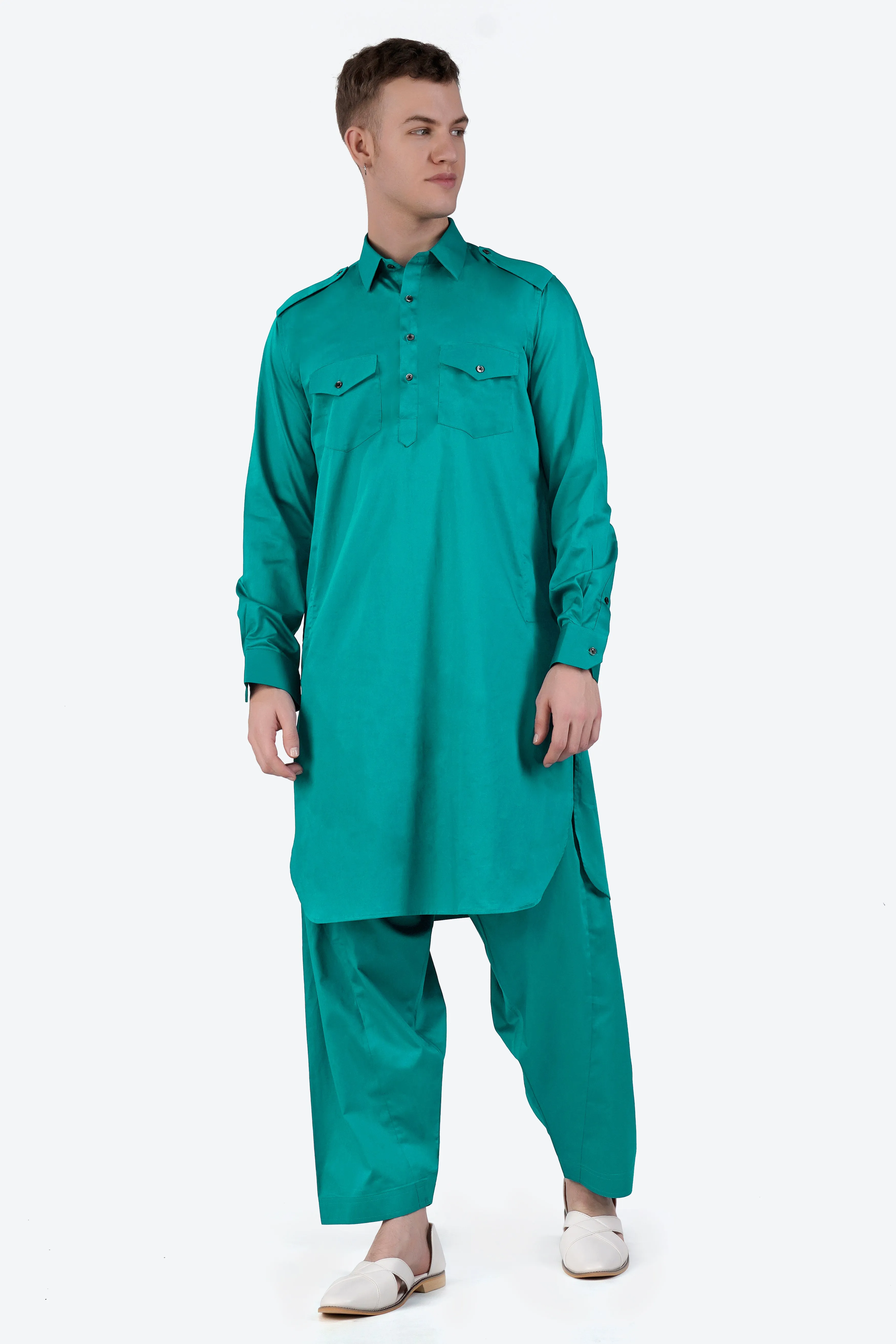 Teal Blue Subtle Sheen Super Soft Premium Cotton Pathani Set sold by French Crown product image thumbnail 2