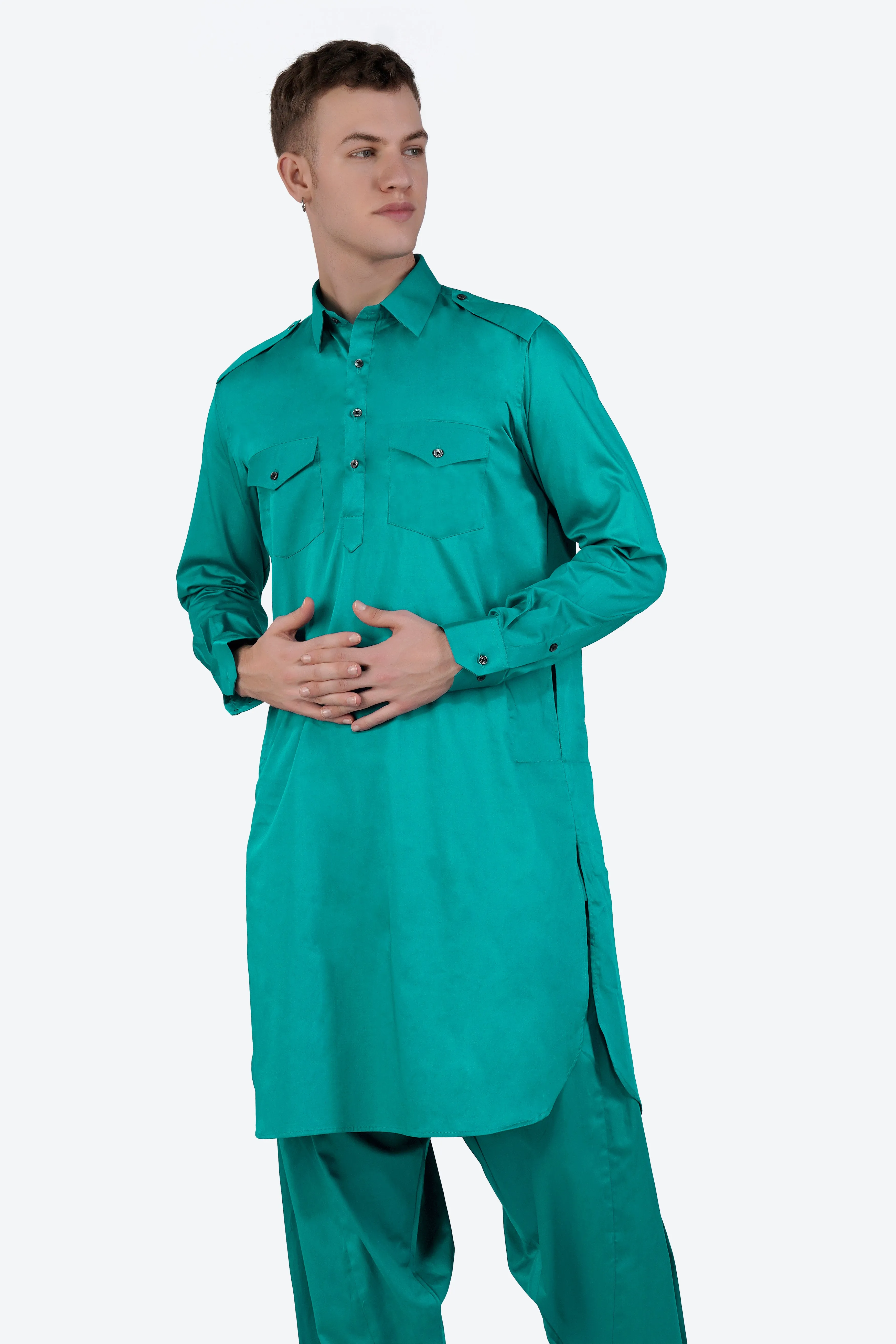Teal Blue Subtle Sheen Super Soft Premium Cotton Pathani Set sold by French Crown product image thumbnail 4