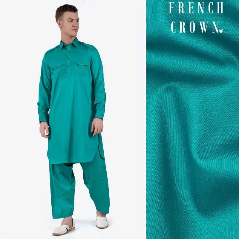 Teal Blue Subtle Sheen Super Soft Premium Cotton Pathani Set sold by French Crown