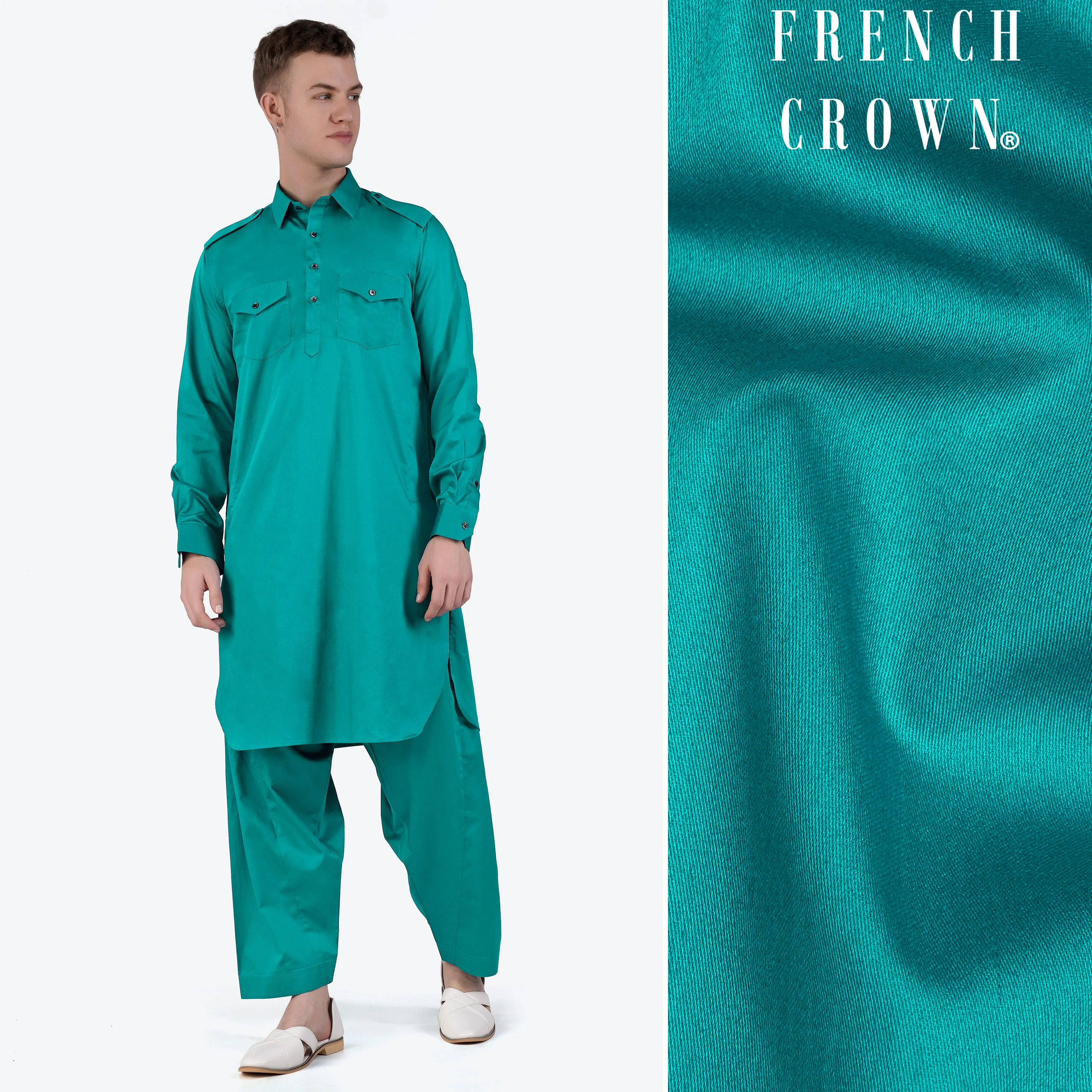 Teal Blue Subtle Sheen Super Soft Premium Cotton Pathani Set sold by French Crown