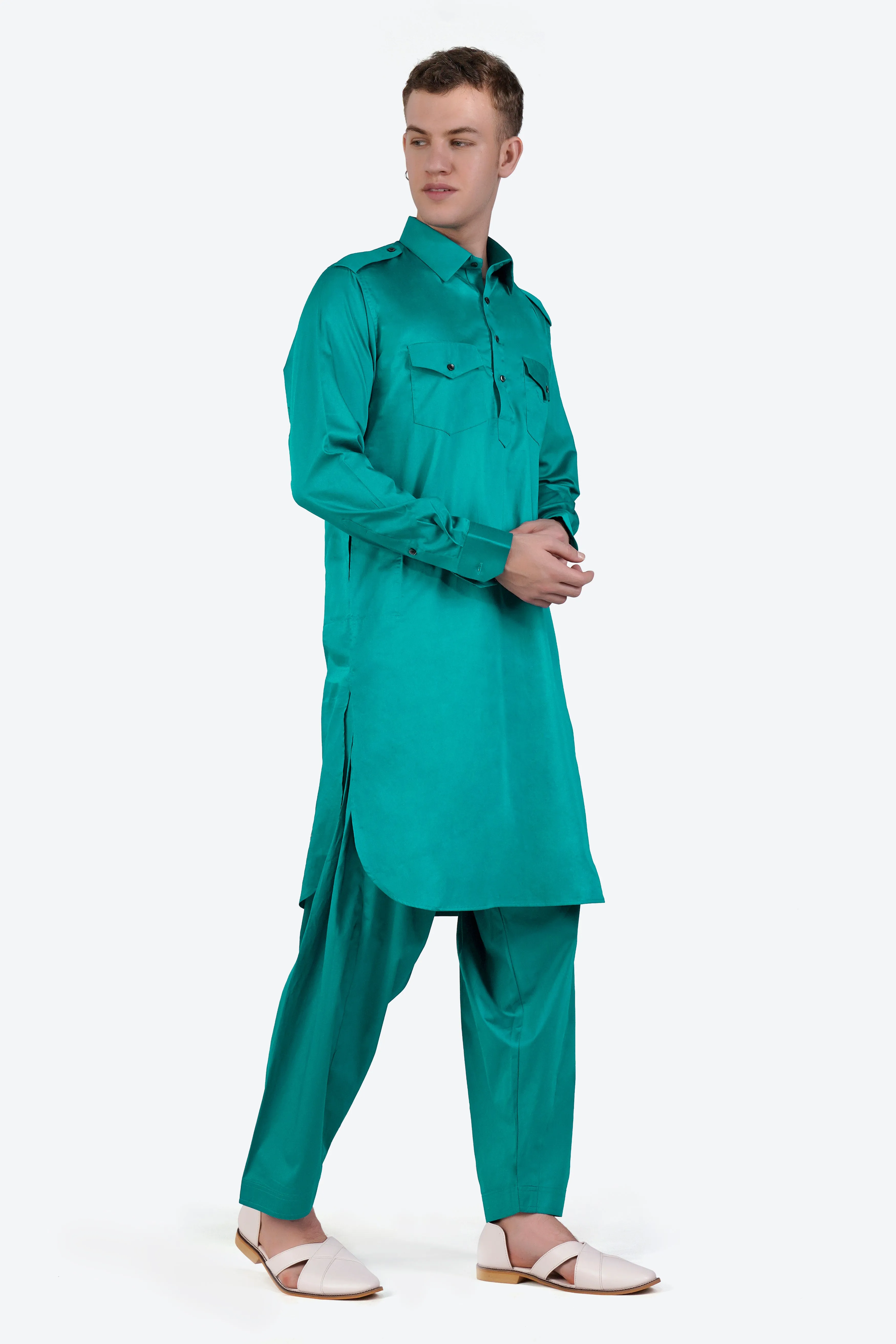 Teal Blue Subtle Sheen Super Soft Premium Cotton Pathani Set sold by French Crown product image thumbnail 5