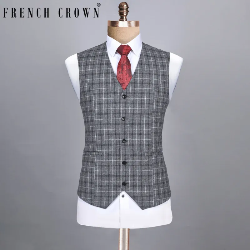 Porpoise Grey Plaid Luxurious Linen-Wool blend Waistcoat made by French Crown