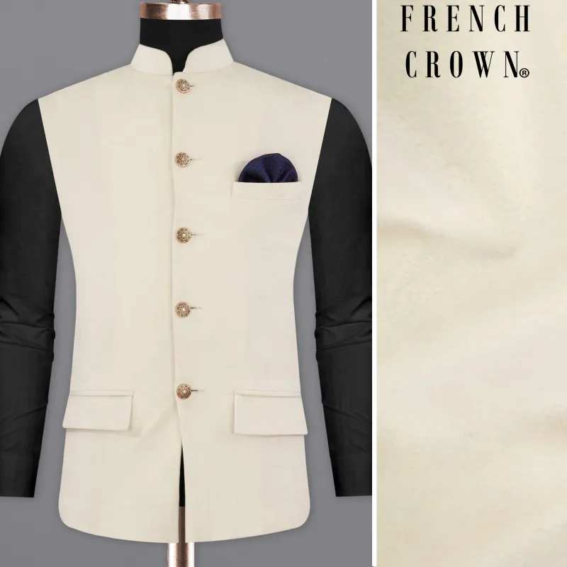Eggshell Cream Premium Velvet Designer Nehru Jacket sold by French Crown