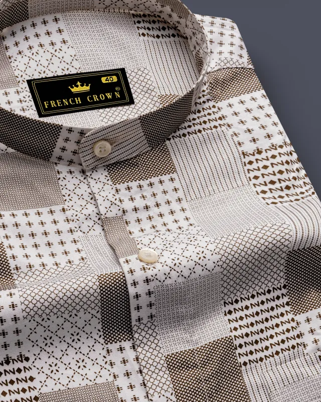 Bright White with Sepia Brown Square Printed Super Soft Premium Cotton Shirt sold by French Crown
