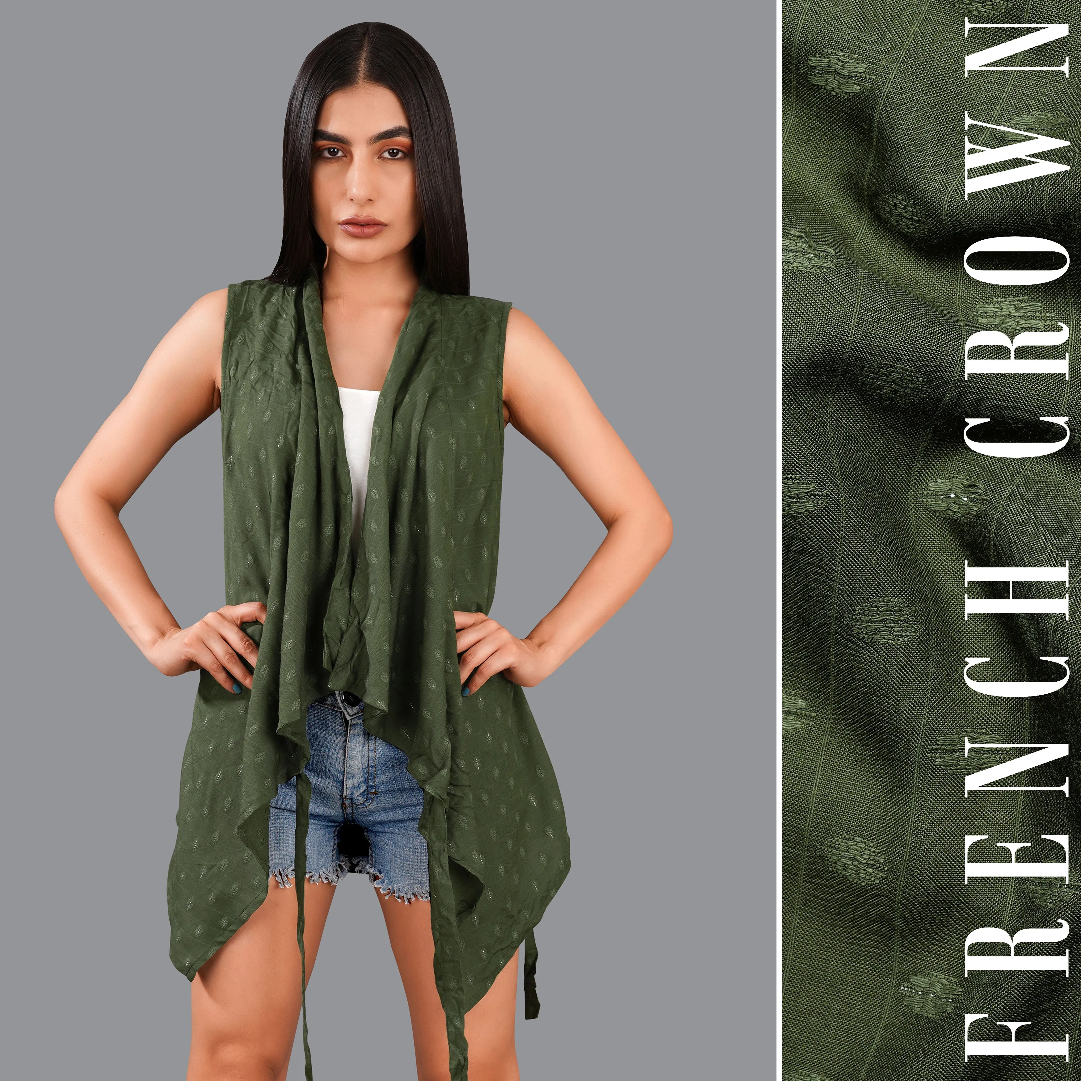 Taupe Green Printed Viscose Shrug sold by French Crown