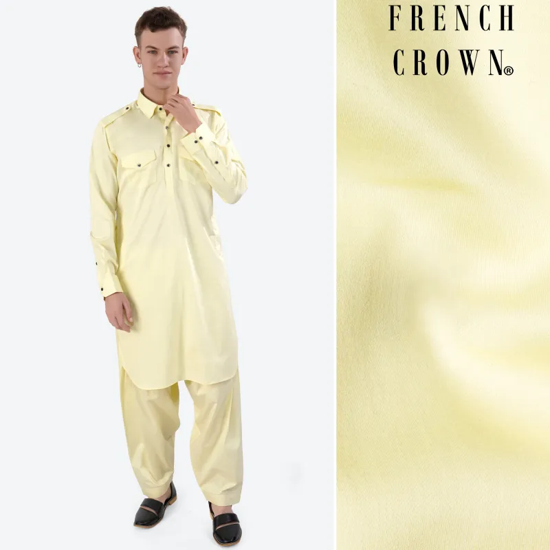 Oasis Yellow Subtle Sheen Super Soft Premium Cotton Pathani Set sold by French Crown