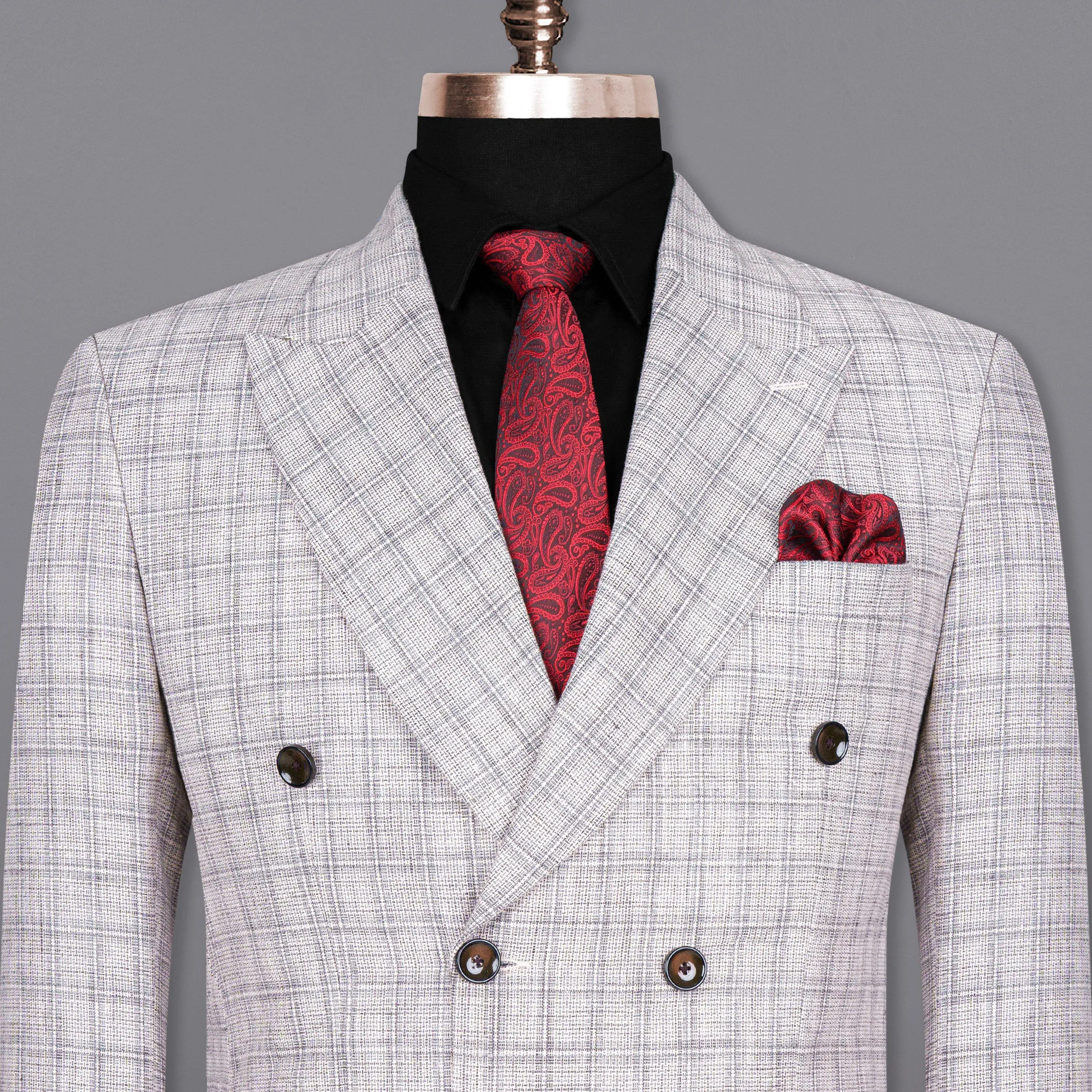 Mercury Grey Plaid Double Breasted Premium Cotton Blazer sold by French Crown