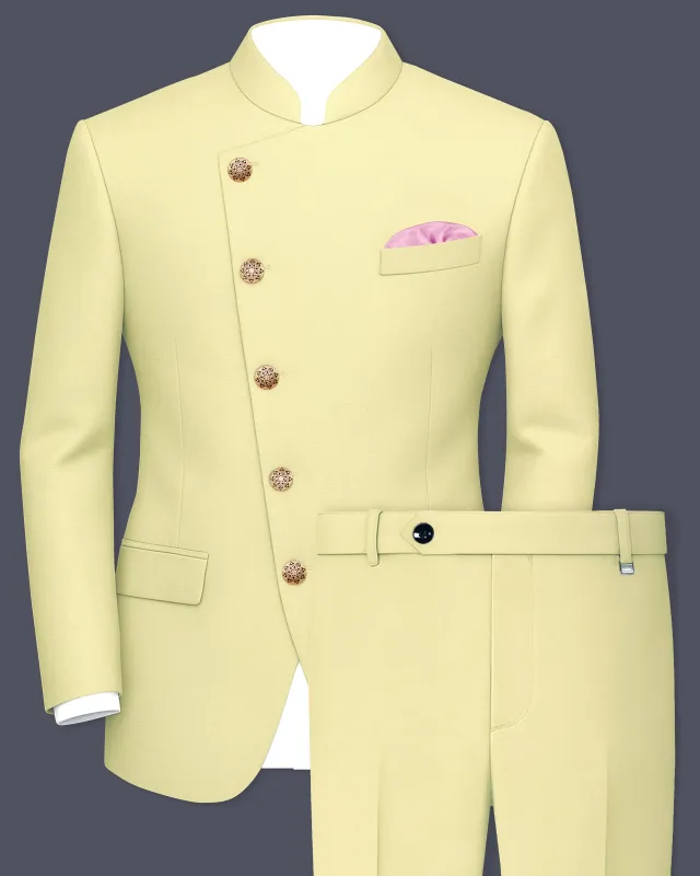 Maize Cream Cross Placket Bandhgala Premium Cotton Stretchable traveler Suit sold by French Crown