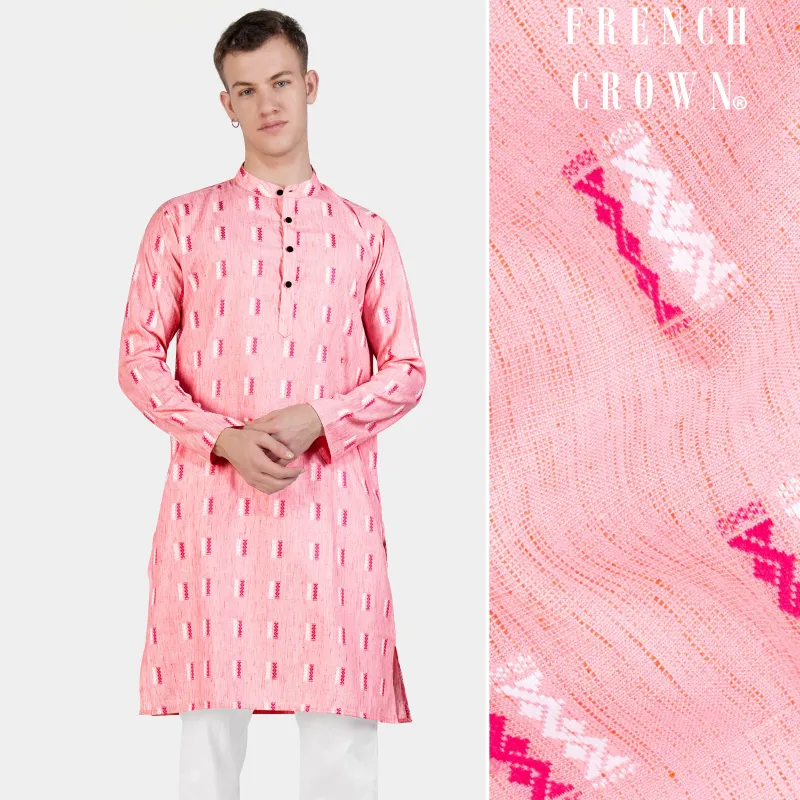 Light Rose Pink Zig-zag Textured Jacquard Premium Giza Cotton Kurta sold by French Crown
