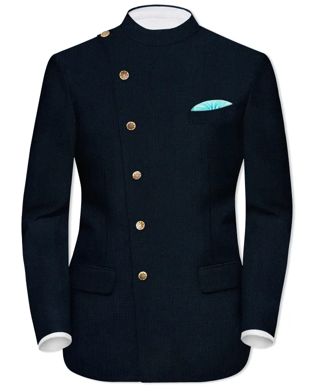 Firefly Blue Premium Cotton Cross Placket Bandhgala Blazer sold by French Crown
