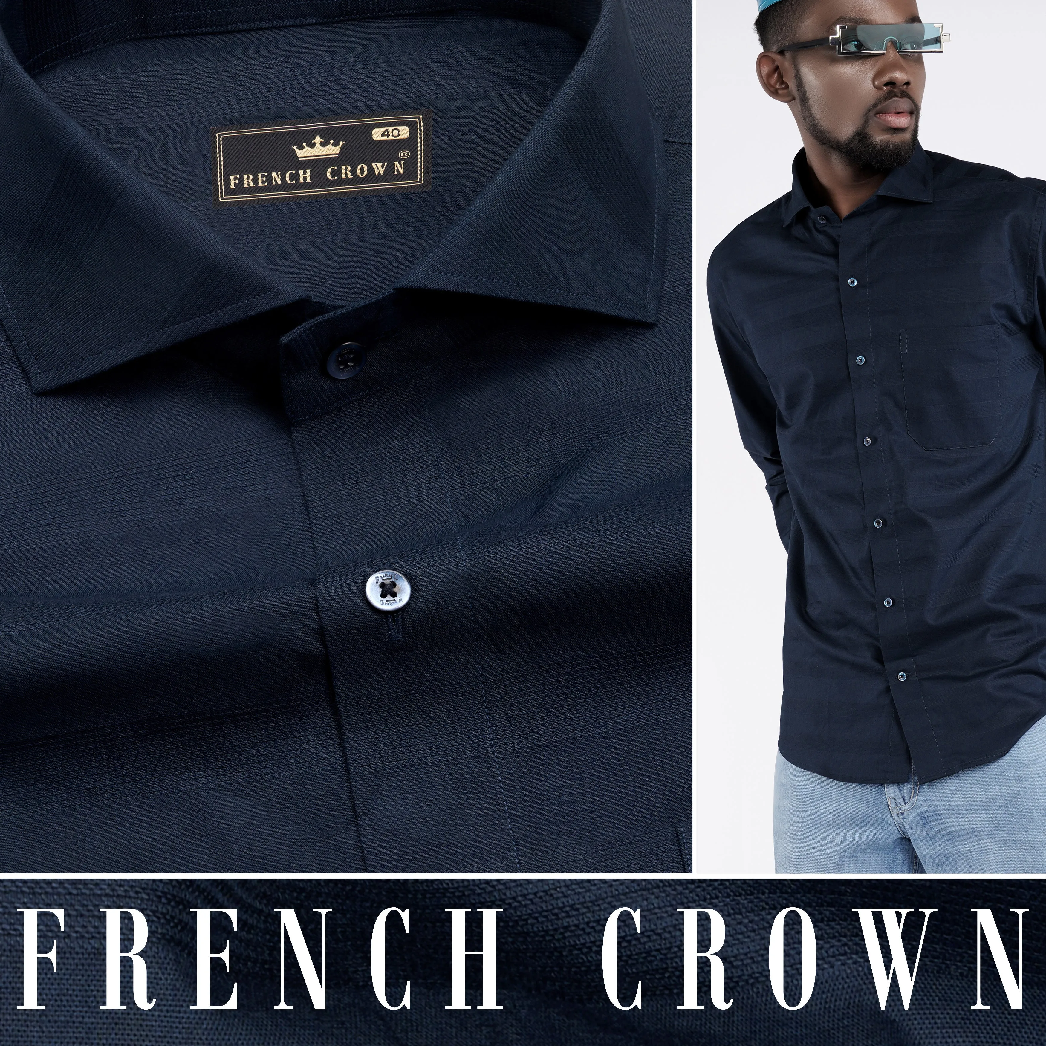 Ebony Clay Blue Dobby Textured Premium Giza Cotton Shirt sold by French Crown product image thumbnail 4