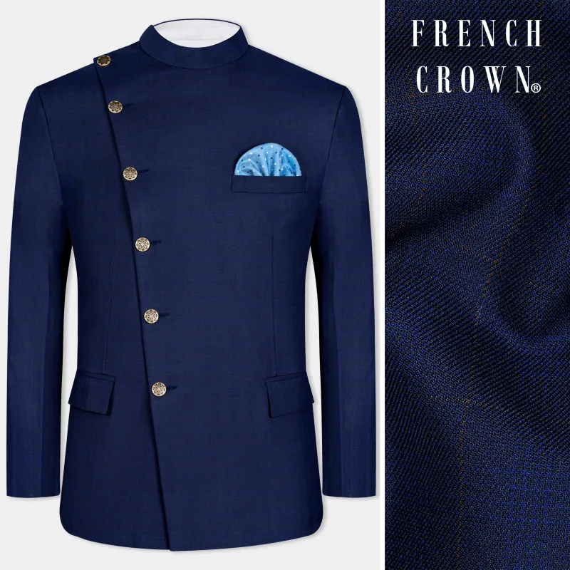 Tuna Blue Windowpane Cross Placket Bandhgaala Blazer sold by French Crown