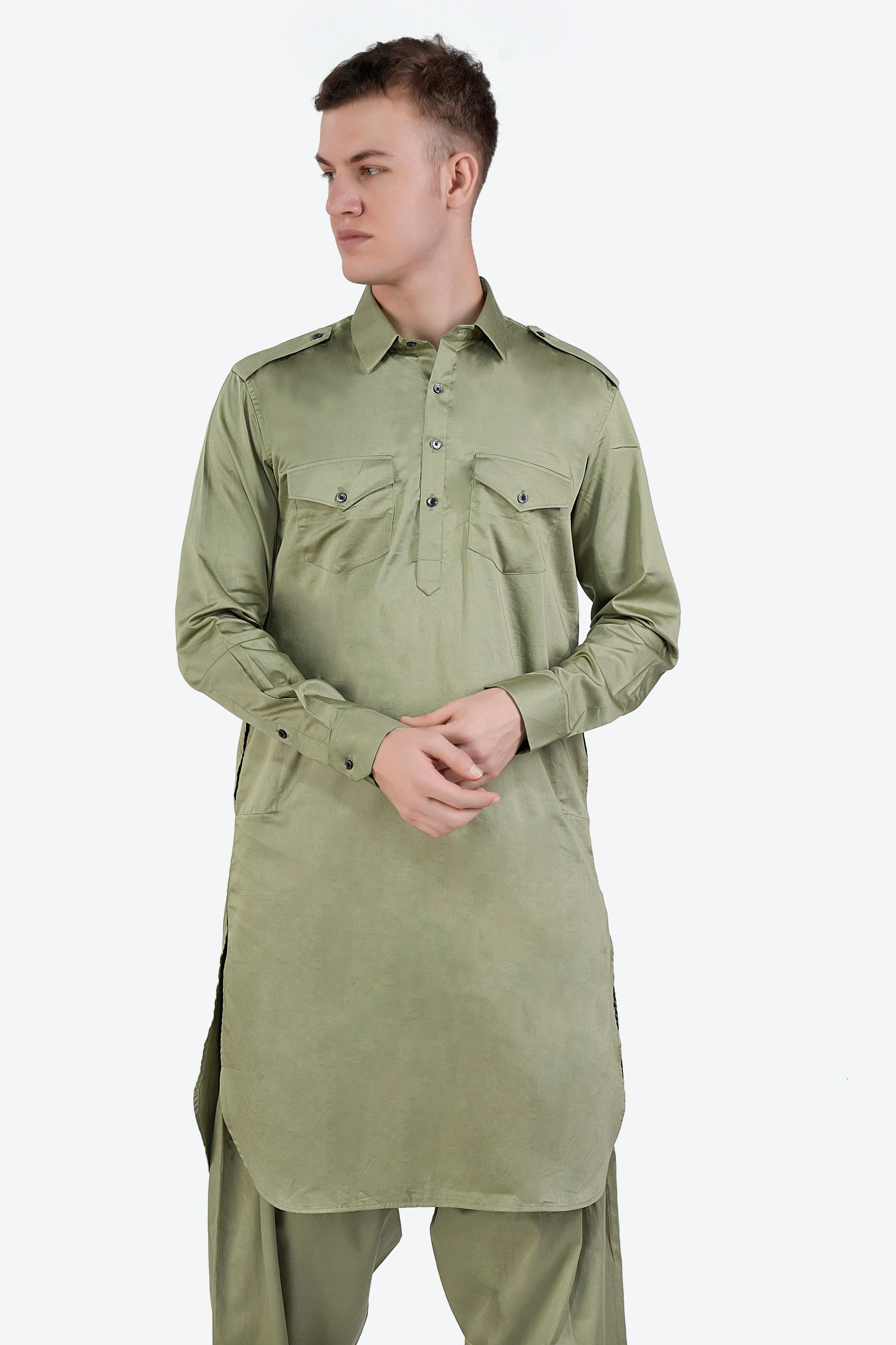 Eagle green Subtle Sheen Super Soft Premium Cotton Pathani Set sold by French Crown product image thumbnail 4
