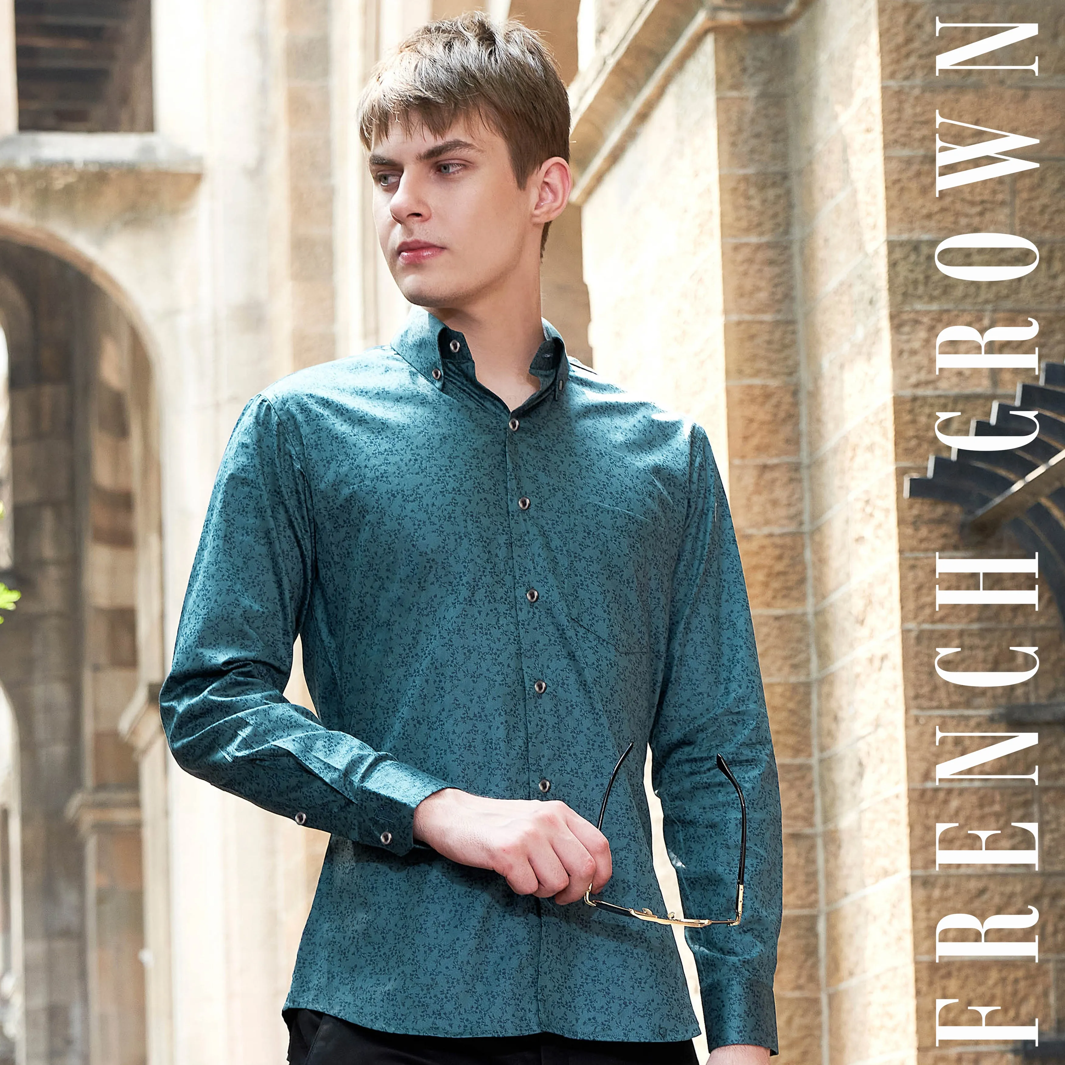 Deep Teal Green Ditsy Textured Royal Oxford Shirt sold by French Crown