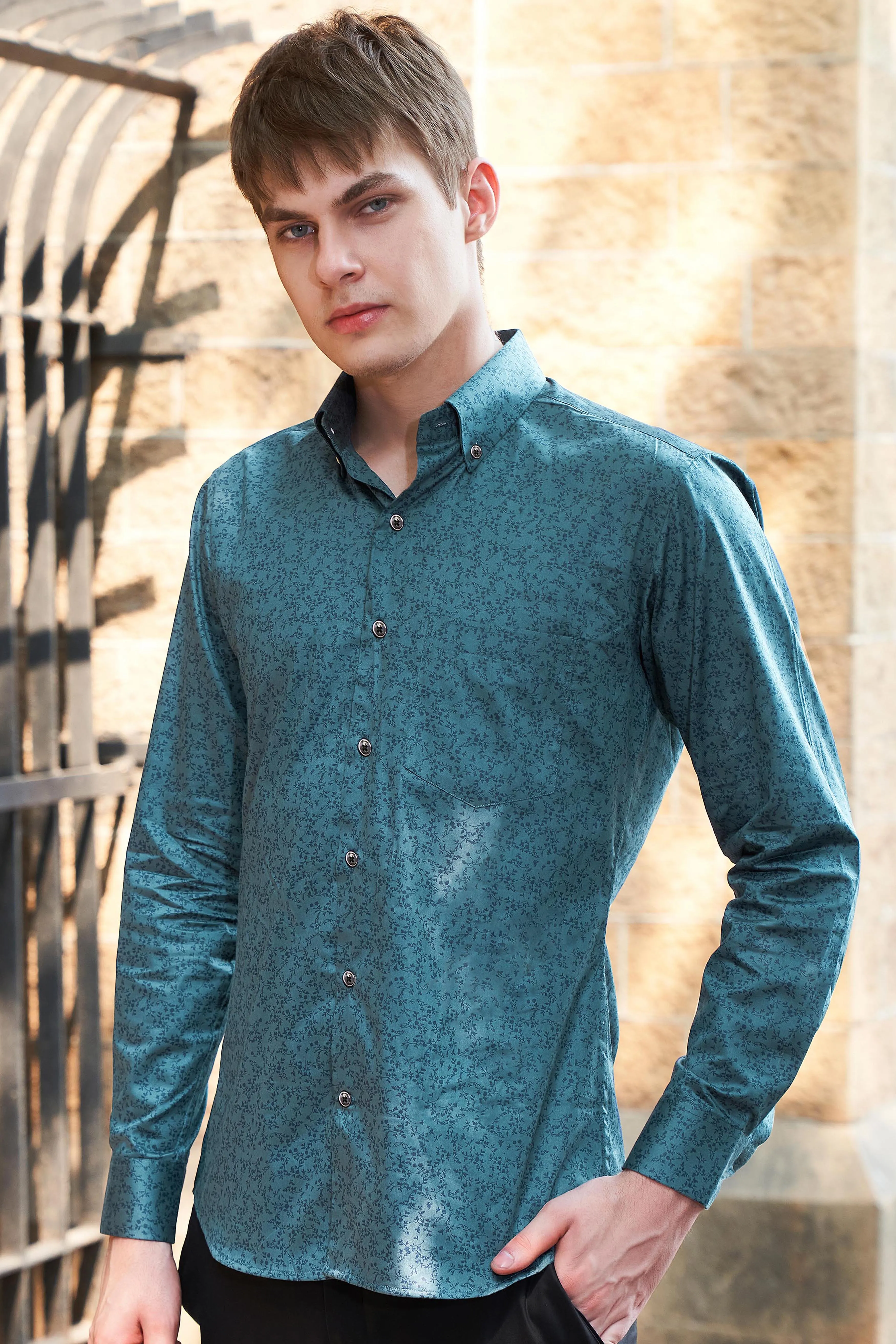 Deep Teal Green Ditsy Textured Royal Oxford Shirt sold by French Crown product image thumbnail 5