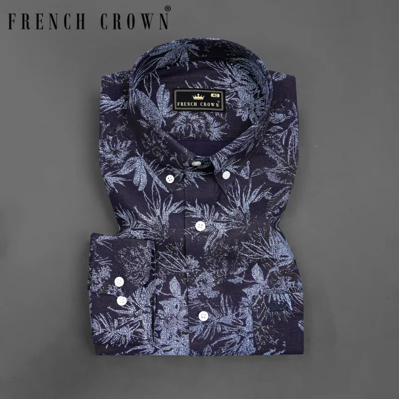 Blackcurrant Blue with Ship Cove Blue Floral Chambray Textured Premium Cotton Shirt sold by French Crown