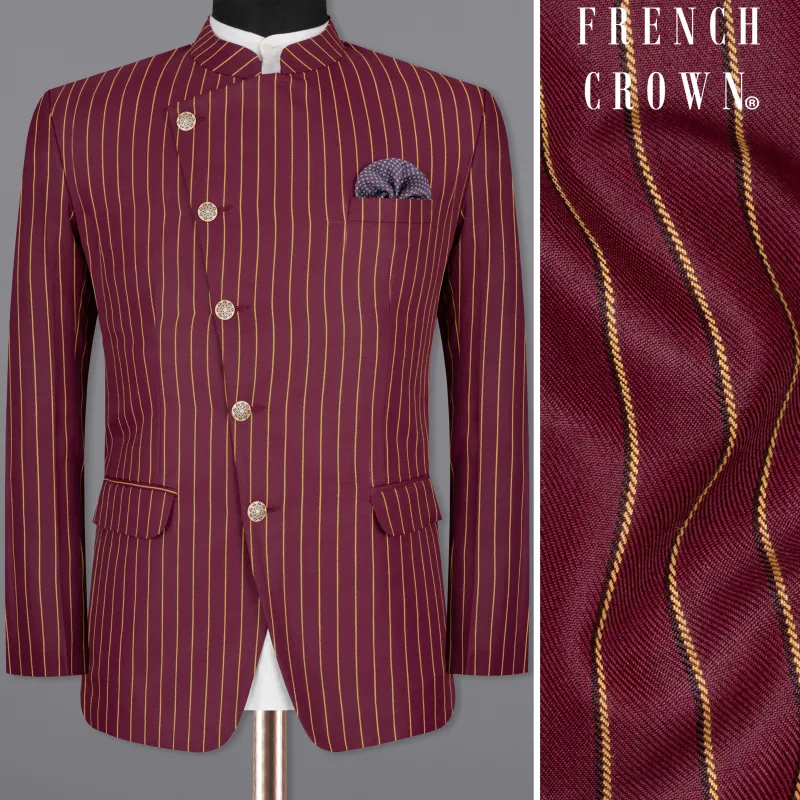 Paprika Maroon Striped Cross Placket Wool Rich Bandhgala Blazer sold by French Crown