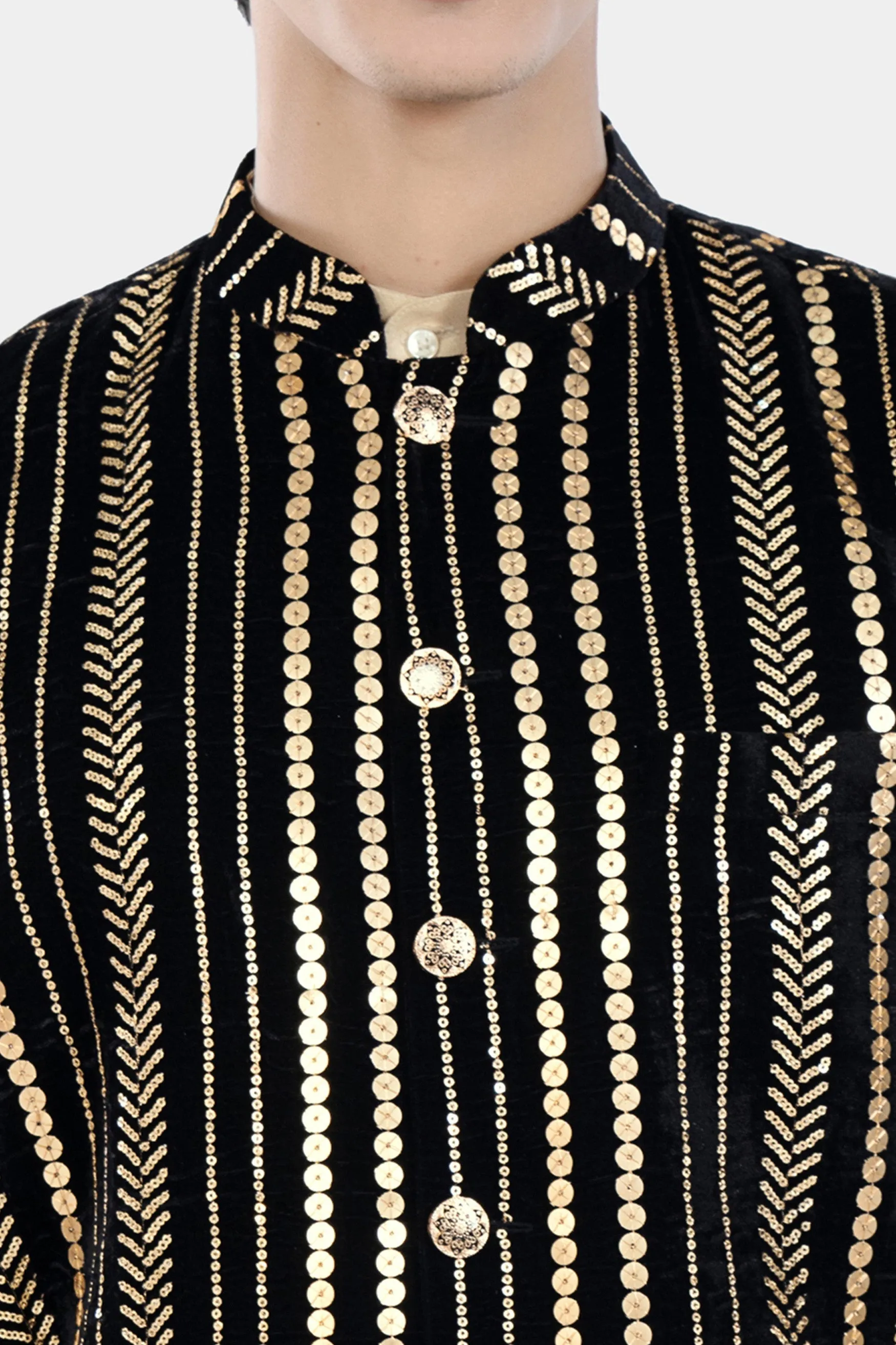 Jade Black Vertical Sequin Embroidered Designer Nehru Jacket sold by French Crown product image thumbnail 4