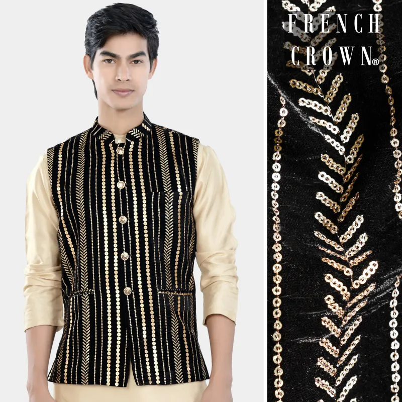 Jade Black Vertical Sequin Embroidered Designer Nehru Jacket sold by French Crown
