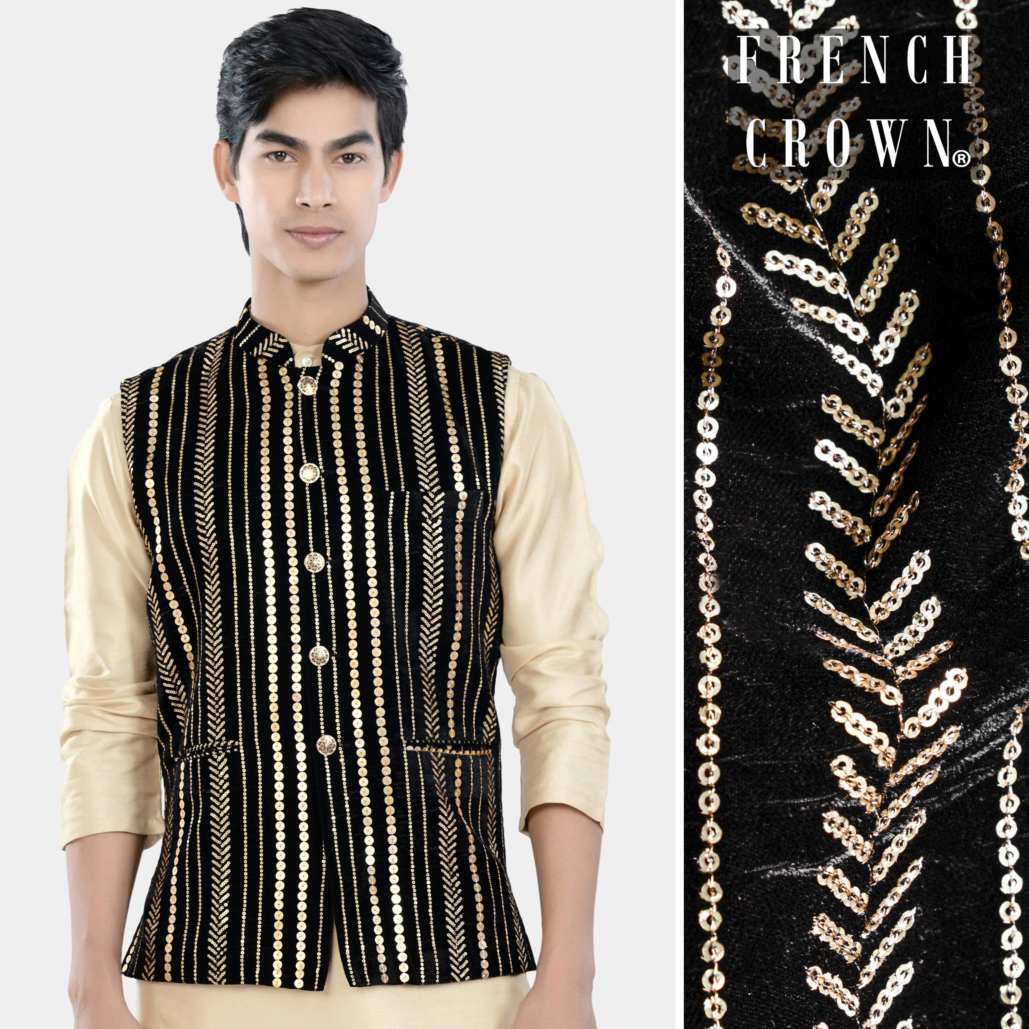 Jade Black Vertical Sequin Embroidered Designer Nehru Jacket sold by French Crown