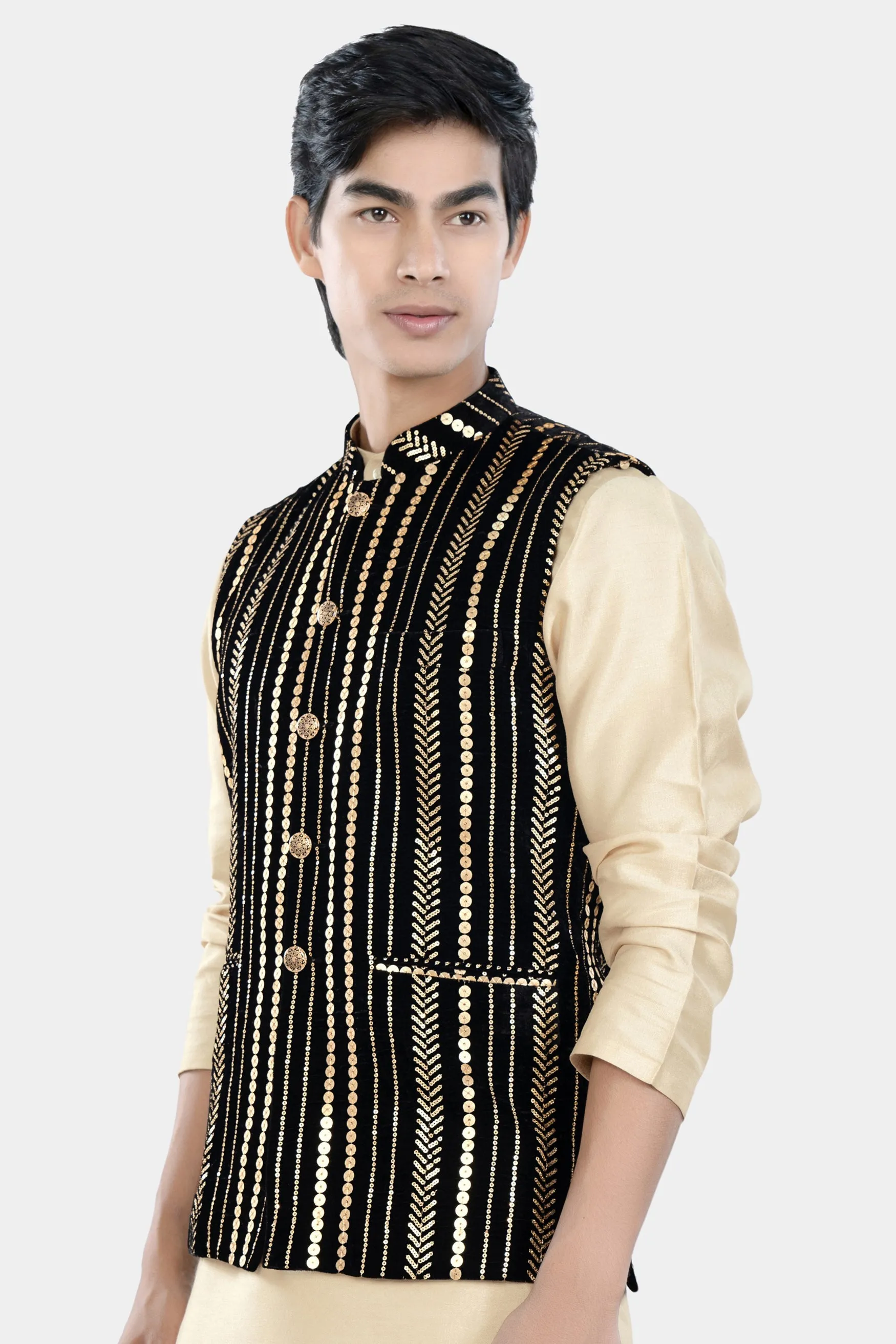 Jade Black Vertical Sequin Embroidered Designer Nehru Jacket sold by French Crown product image thumbnail 5