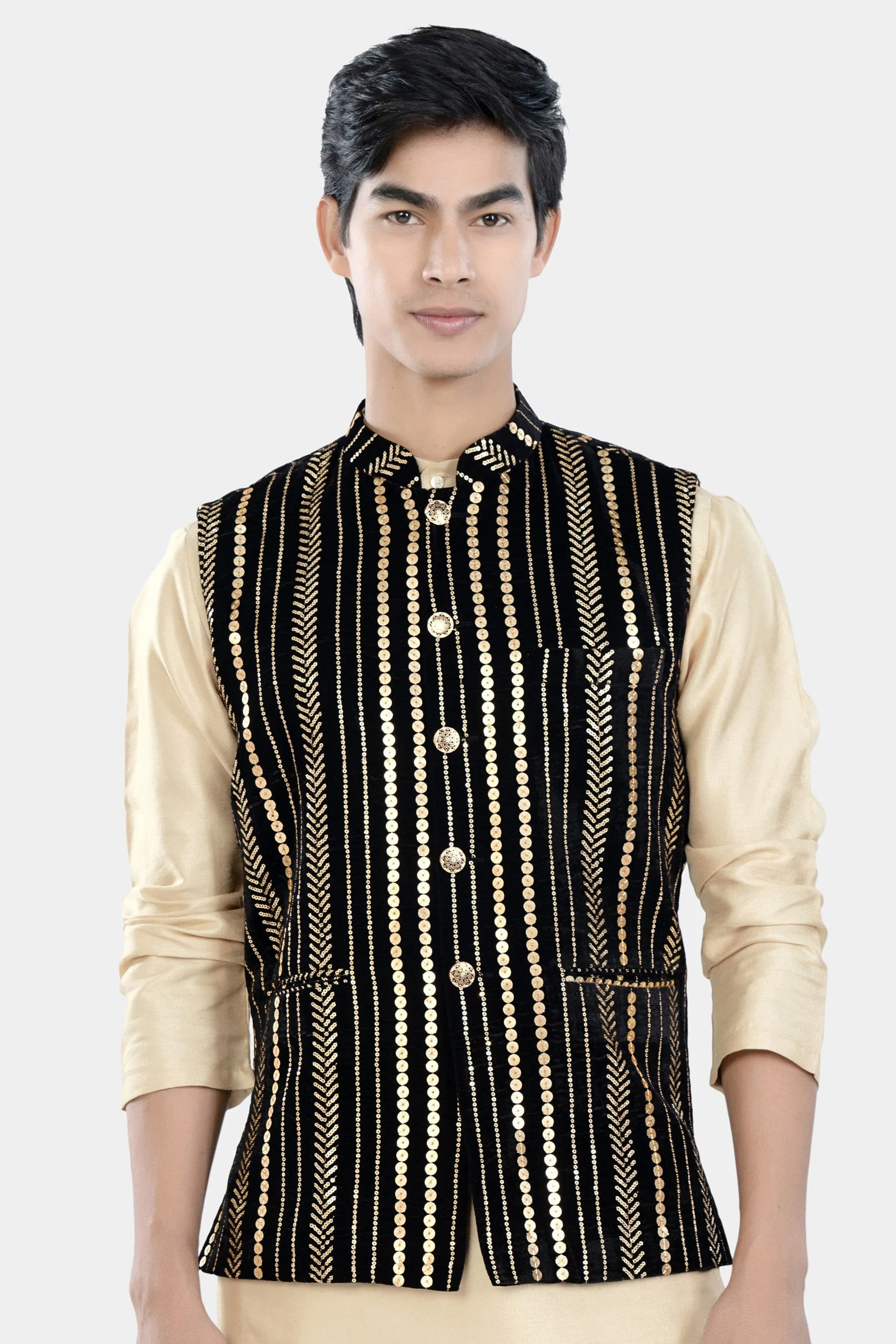 Jade Black Vertical Sequin Embroidered Designer Nehru Jacket sold by French Crown product image thumbnail 2